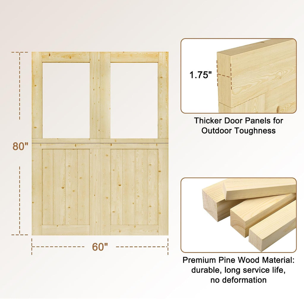 Interior Double Dutch Door Slab, 60' x 80', Universal Tempered Clear Glass Split Single Doors, Solid Core Home Door, Natural Pine Wood - with 8 Black Hinges & 2 Latch, Without Jamb