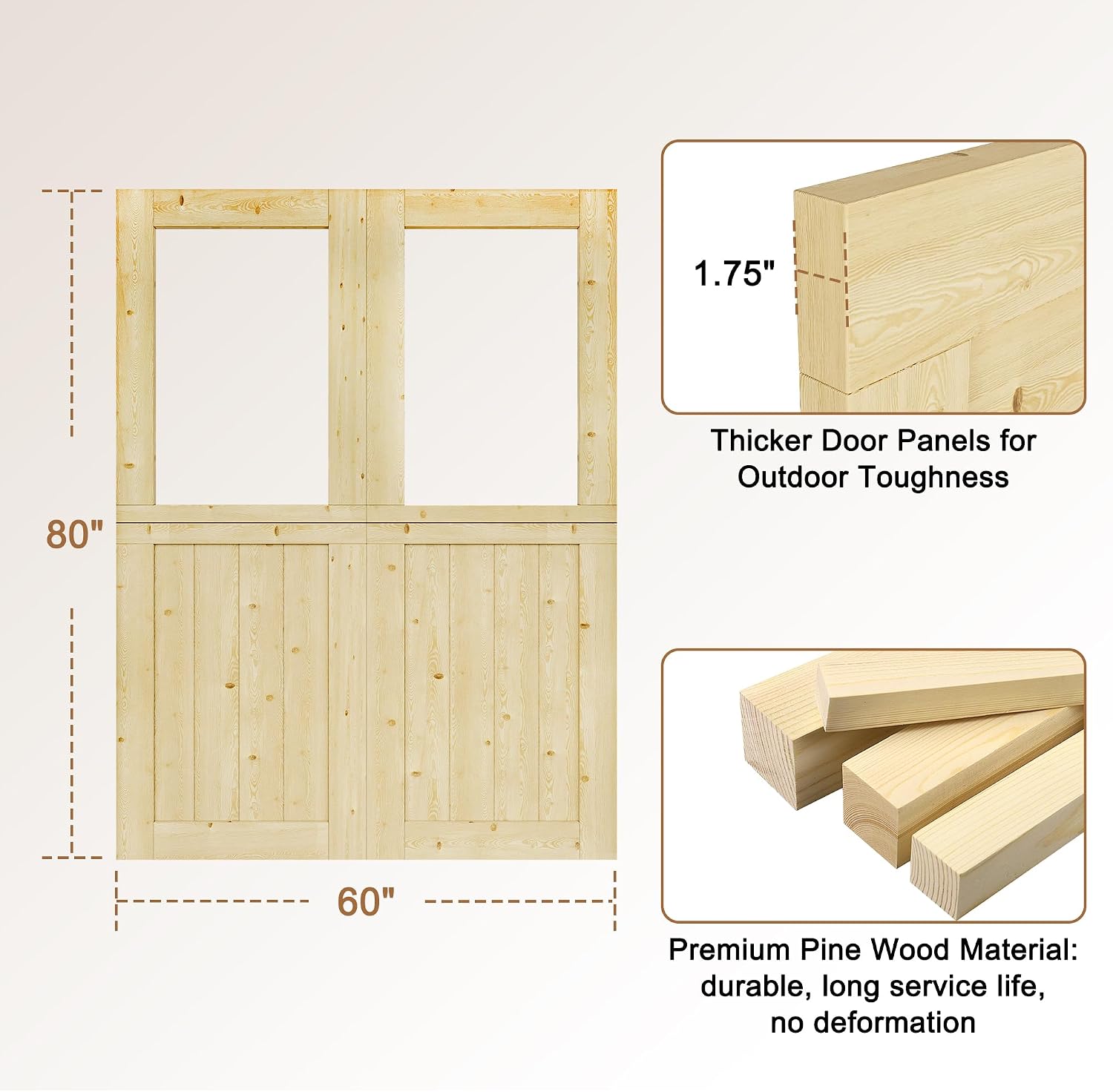 Interior Double Dutch Door Slab, 60' x 80', Universal Tempered Clear Glass Split Single Doors, Solid Core Home Door, Natural Pine Wood - with 8 Black Hinges & 2 Latch, Without Jamb