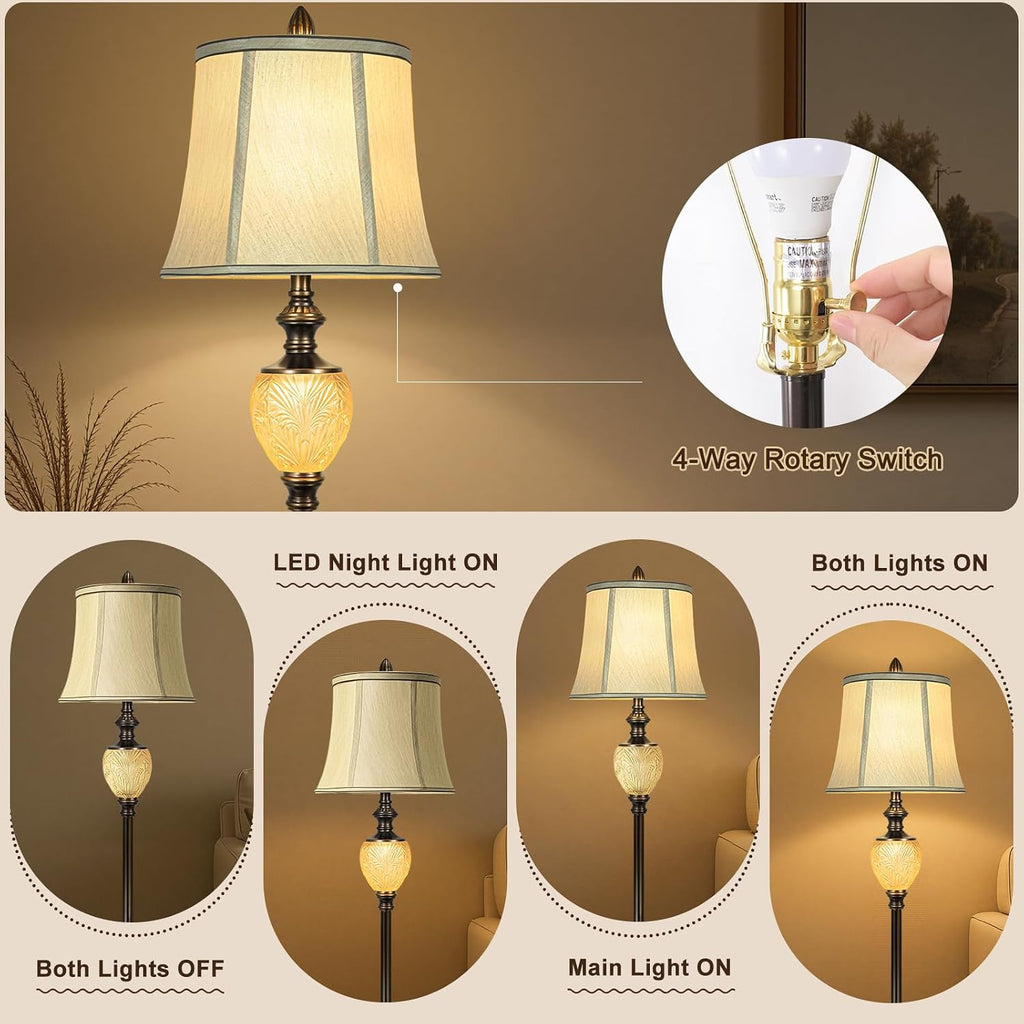 Vintage Farmhouse Lamp Set, 3-Piece Bundle, Includes 2 Table Lamps (27') and 1 Floor Lamp (64') with Faux Silk Shades, USB Charging Ports & Night Lights, for Living Room, Bedroom (Bulbs Included)