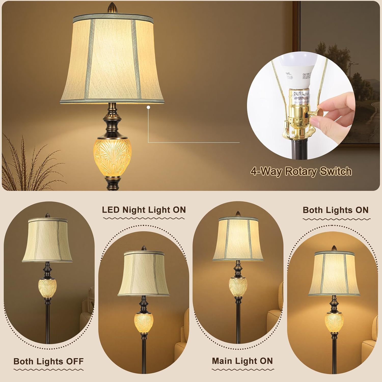 Vintage Farmhouse Lamp Set, 3-Piece Bundle, Includes 2 Table Lamps (27') and 1 Floor Lamp (64') with Faux Silk Shades, USB Charging Ports & Night Lights, for Living Room, Bedroom (Bulbs Included)