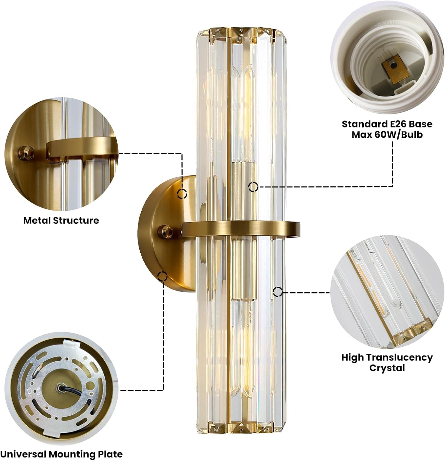Crystal Wall Sconce Set of 2, Gold Crystal Bathroom Wall Light, Modern Sconces Wall Decor 2-Light Luxury Indoor Wall Lamp 15.7-Inch for Living Room, Hallway, Mirror, Bathroom, Vanity E26