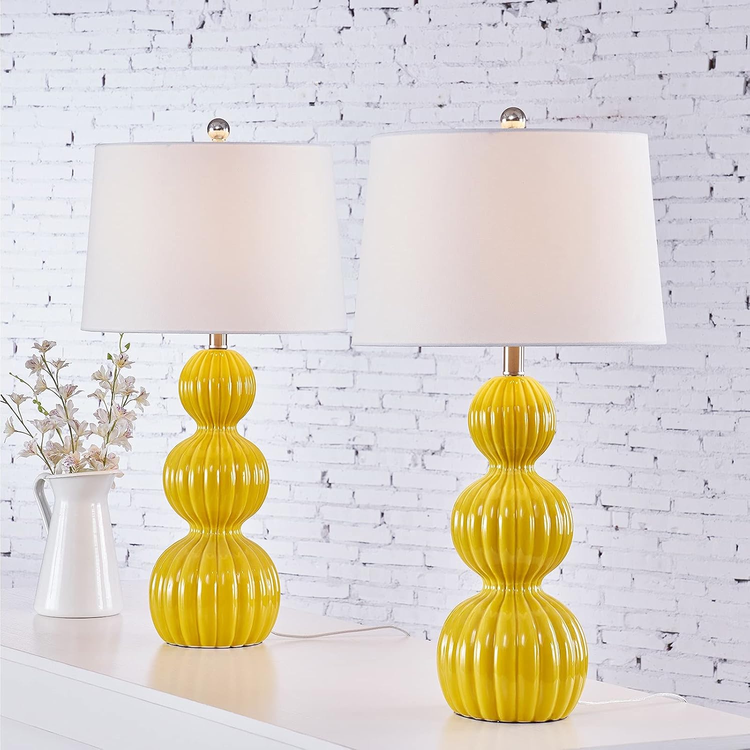 Maxax 28' Ceramic Table Lamps Set of 2, Modern Triple Gourd Bedside Lamps for Bedroom, 3-Way Dimmable Large Yellow Nightstand Lamp with White Drum Shade for Living Room, Office