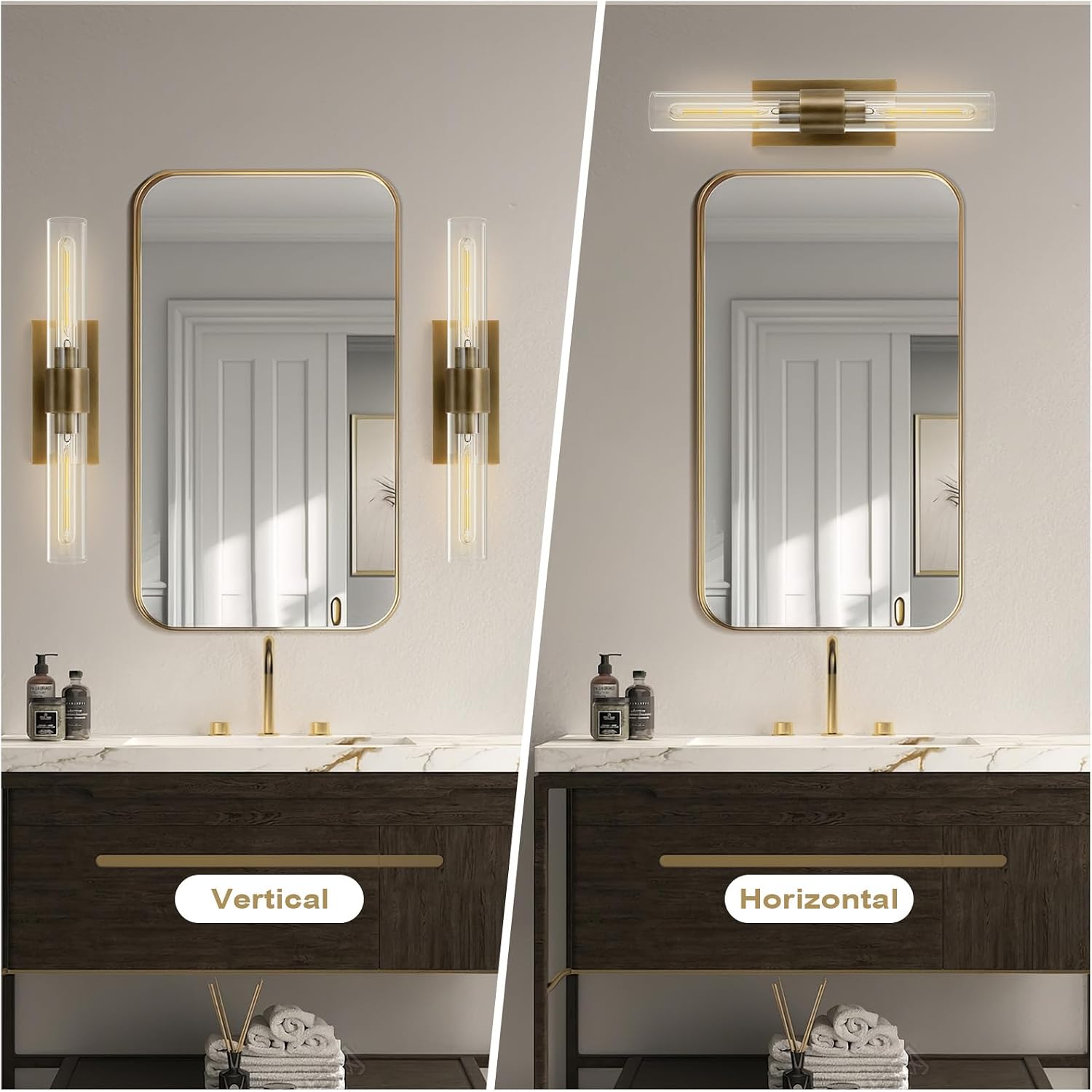 Wall Sconces Set of 2, Gold Wall Lighting Fixtures with Clear Glass, Mounted Lamps for Bedroom, Bathroom, Living Room, Hallway