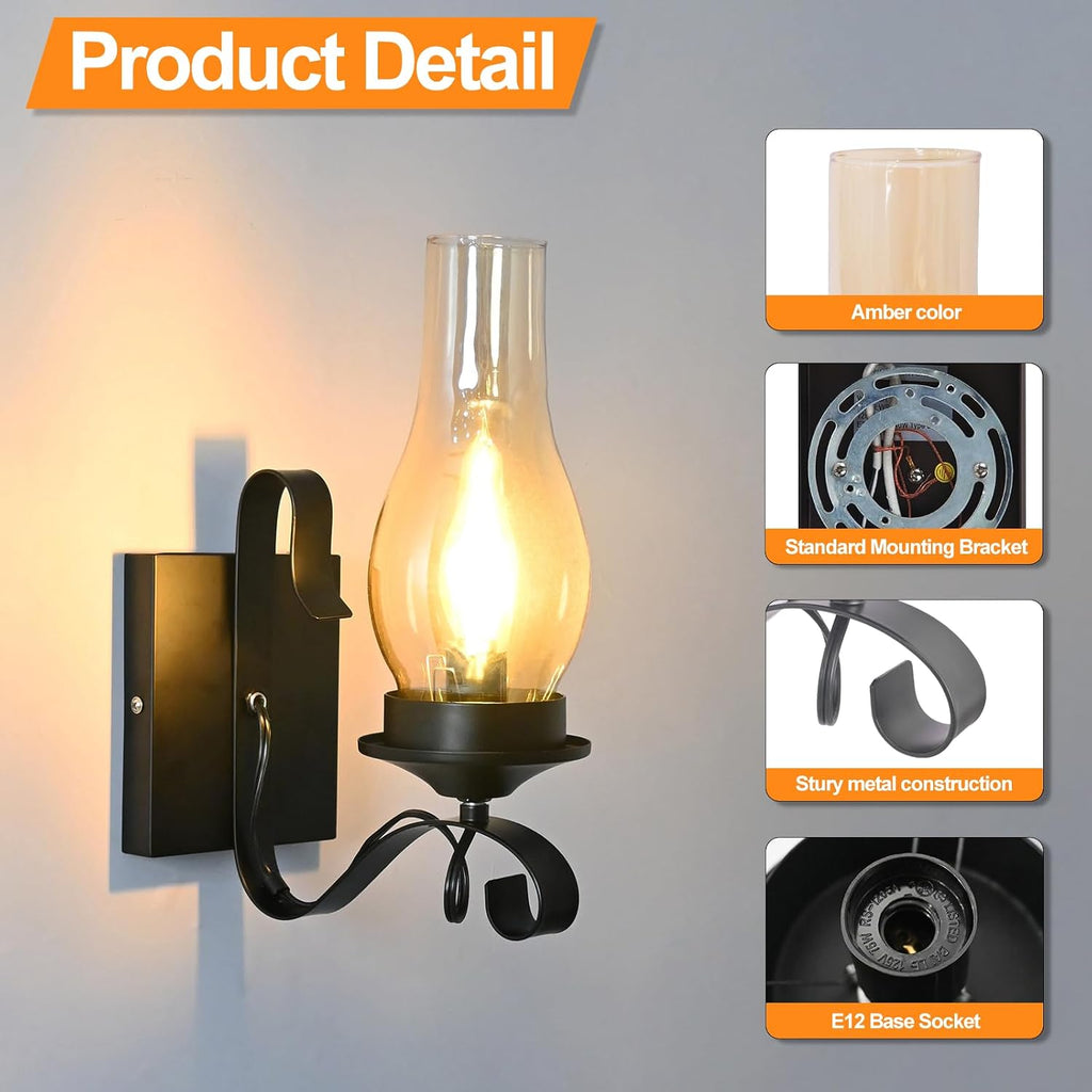 Rustic Wall Sconces, Black Farmhouse Industrial Wall Sconce with Amber Glass, Vintage Retro Wall Lamps, Indoor Wall Lighting Lantern for Bedroom Living Room Bathroom (4 Pack Hardwired)