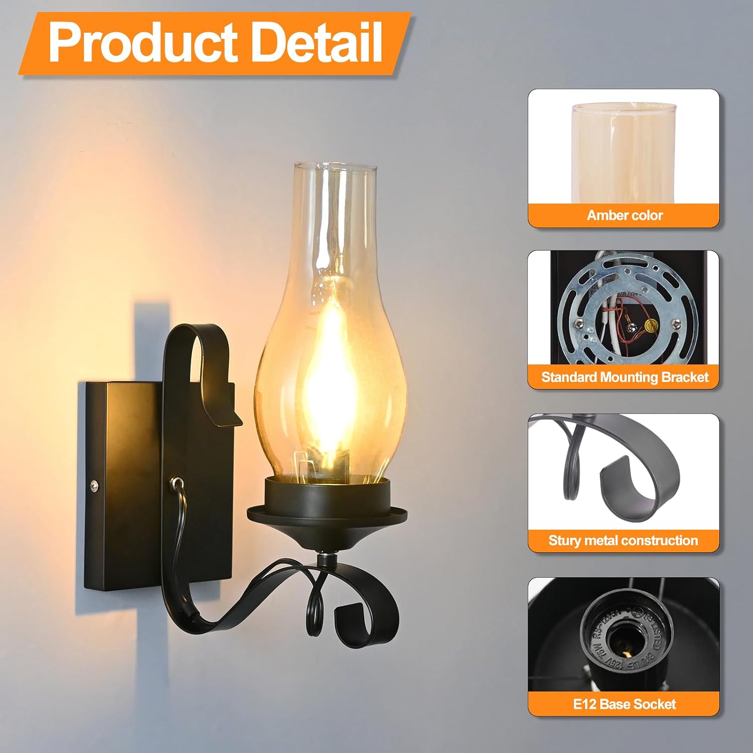 Rustic Wall Sconces, Black Farmhouse Industrial Wall Sconce with Amber Glass, Vintage Retro Wall Lamps, Indoor Wall Lighting Lantern for Bedroom Living Room Bathroom (4 Pack Hardwired)