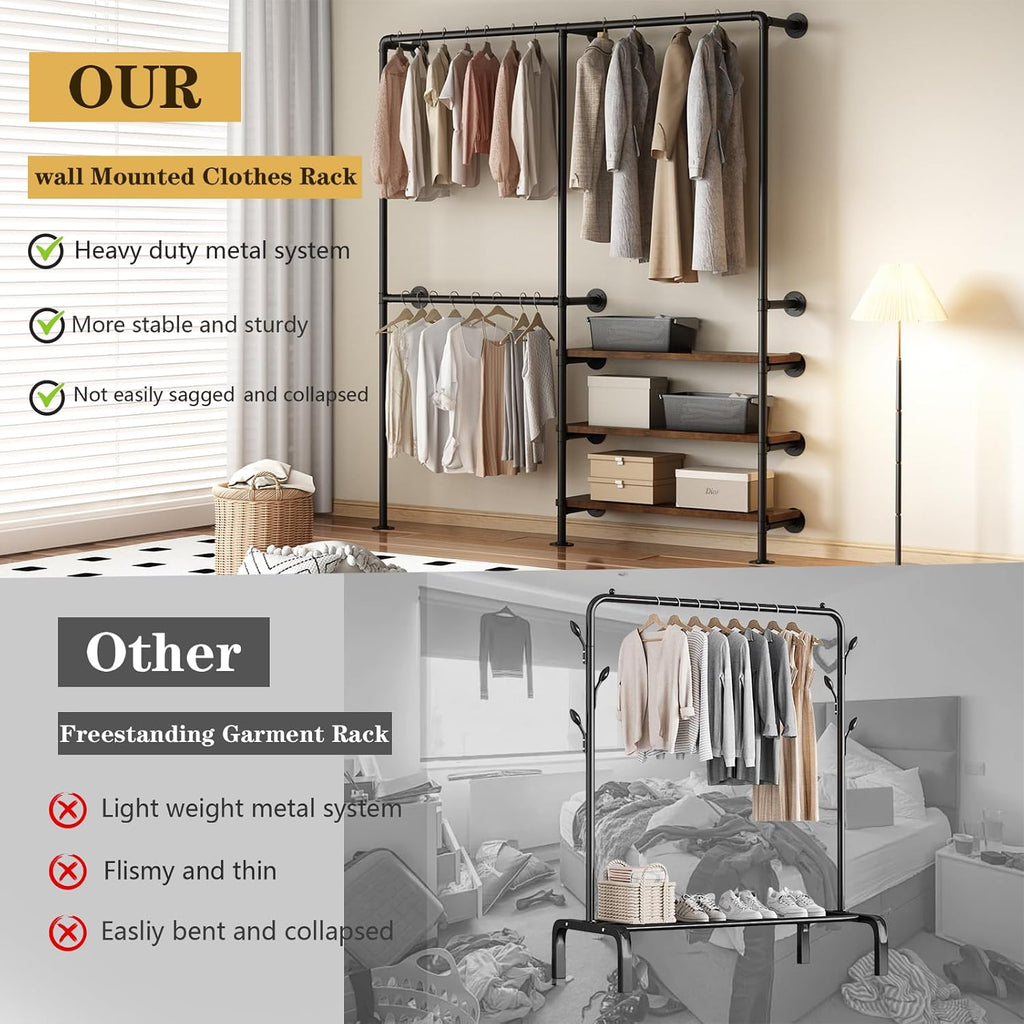 Industrial Pipe Clothes Rack, Wall Mounted Clothing Rack with Shelves, Heavy Duty Closet Organizers Wardrobe Multi-Purpose Storage Clothes Hanging Shelf-70.8''L Black