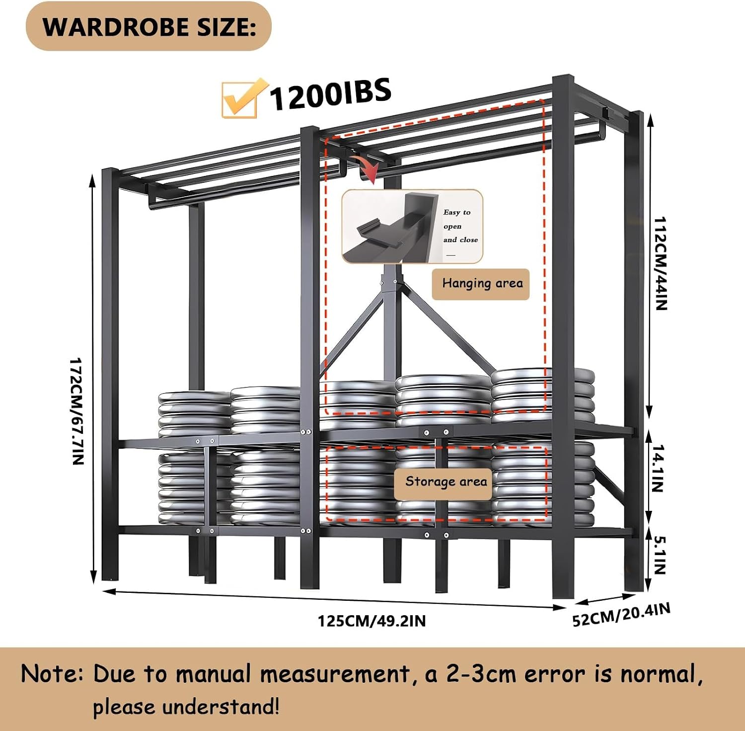 Wardrobe Clothes Organizer - Heavy Duty Portable Wardrobe Closet Rack Foldable Clothe Rack With Cover Freestanding Garment Rack For Hanging Clothes Large Capacity Enclosed Metal Clothing Rack(125*52*1