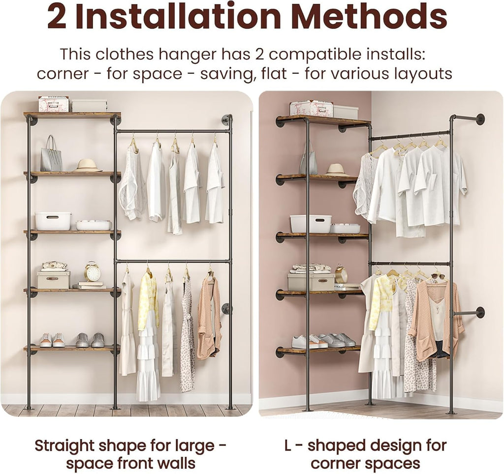 Industrial Pipe Clothing Rack, Wall Mounted DIY Garment Rack with 2 Adjustable Rod & 5 Shelves, Heavy Duty Closet Organizers System in Wardrobe Closet, Black
