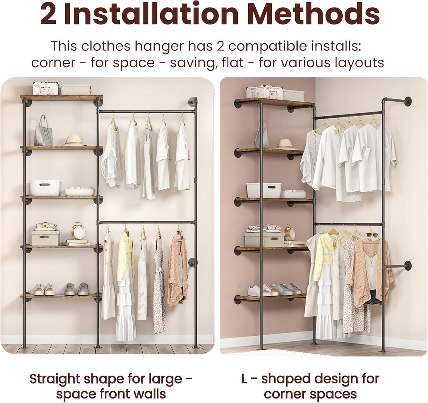 Industrial Pipe Clothing Rack, Wall Mounted DIY Garment Rack with 2 Adjustable Rod & 5 Shelves, Heavy Duty Closet Organizers System in Wardrobe Closet, Black