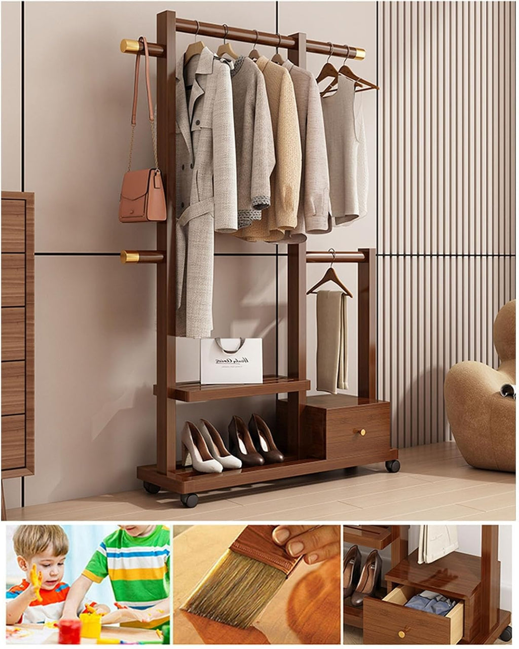 Clothes Organizer Stand On Wheels,entryway Coat Rack With Storage,Garment Racks For Hanging Clothes,bamboo Rolling Garment Rack,Multifunction Entry-way Coat Racks Stand For Bedroom Entryway(Color:Brow