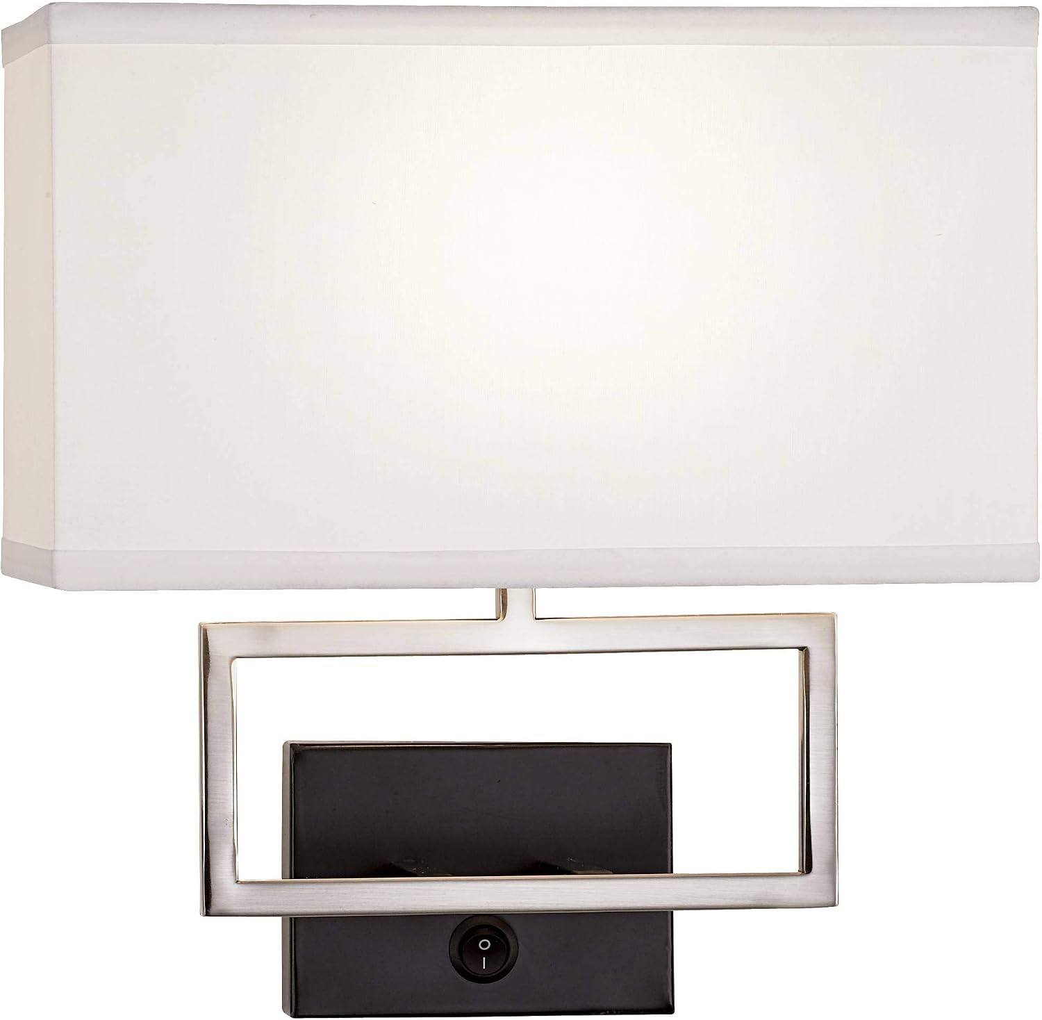 Possini Euro Design Trixie Modern Indoor Wall Lamp Brushed Nickel Silver Matte Black Plug-in Light Fixture Rectangular Fabric Shade for Bedroom Bedside House Reading Living Room Home Hallway Dining