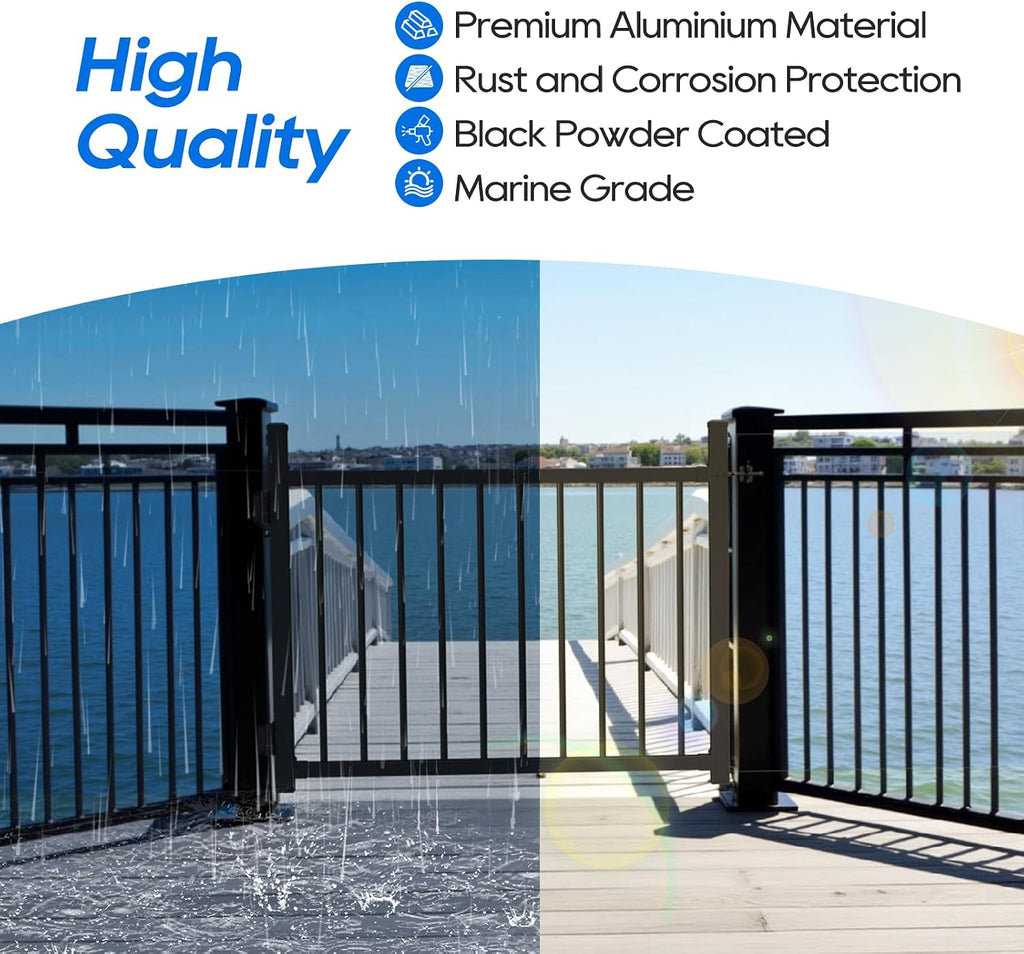 36'x45' Aluminum Gate with Self-Closing Hinges,Round Tube 3/4' pickets,DIY Adjustable Width Black Powder Coated Deck gate Kits Incl. Hinges Latch for Deck Railing Patios Gardens Indoor Outdoor