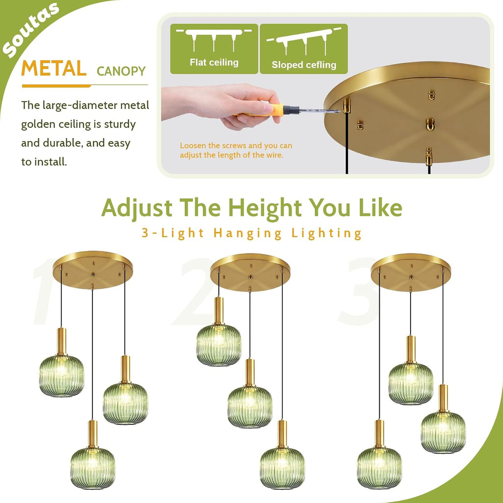 3-Light Dining Room Chandelier Lighting Green Glass Cluster Ceiling Light with Gold Metal Accent, Mid Century Vintage Chandelier for Farmhouse Stairwell Kitchen Island