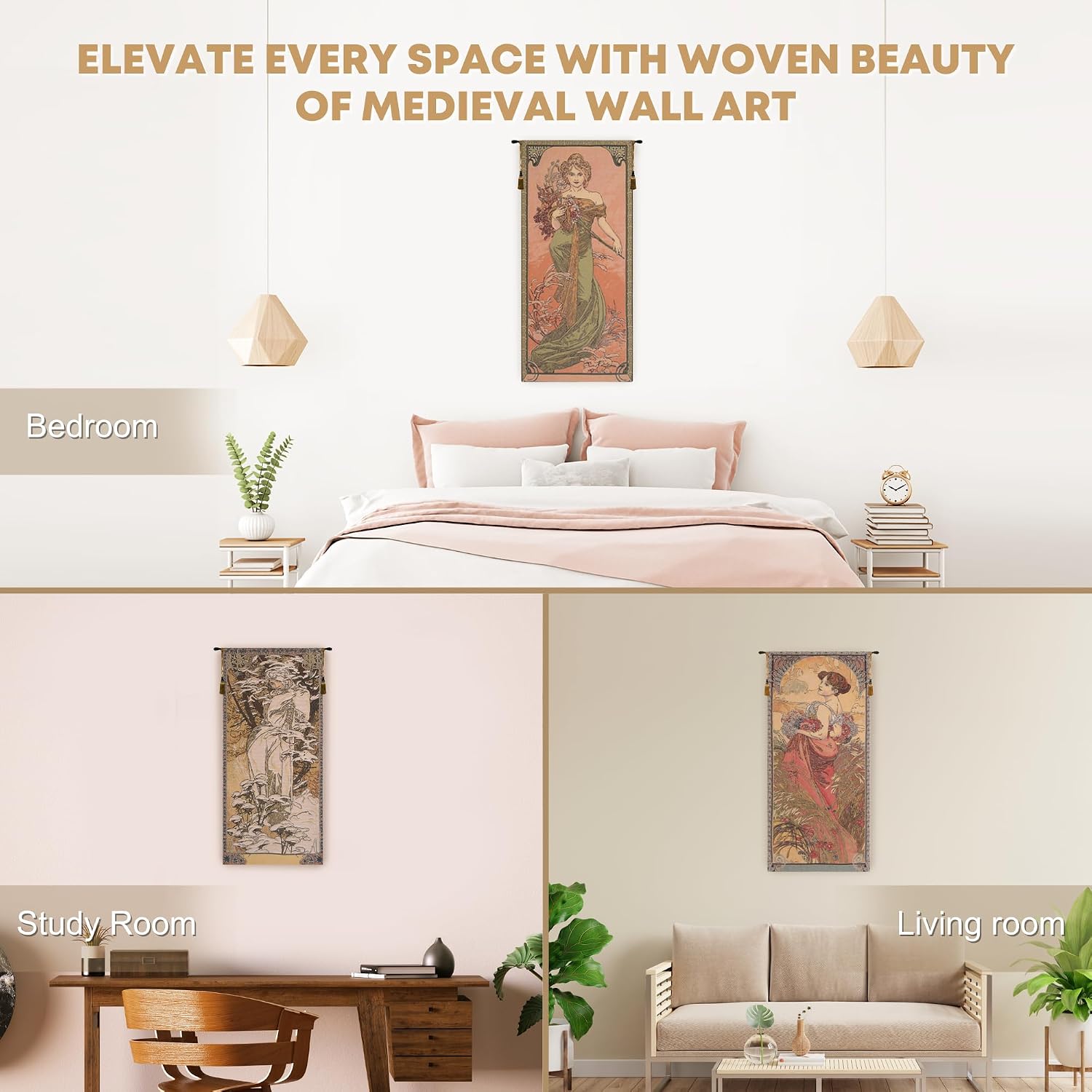 Charlotte Home Furnishings Inc - Mucha Spring Belgian Premium Tapestry Wall Hanging | 60x27 in Viscose Polyester Blend Boho Vintage Woven Wall Tapestry for Home & Wall Art by Alphonse Mucha