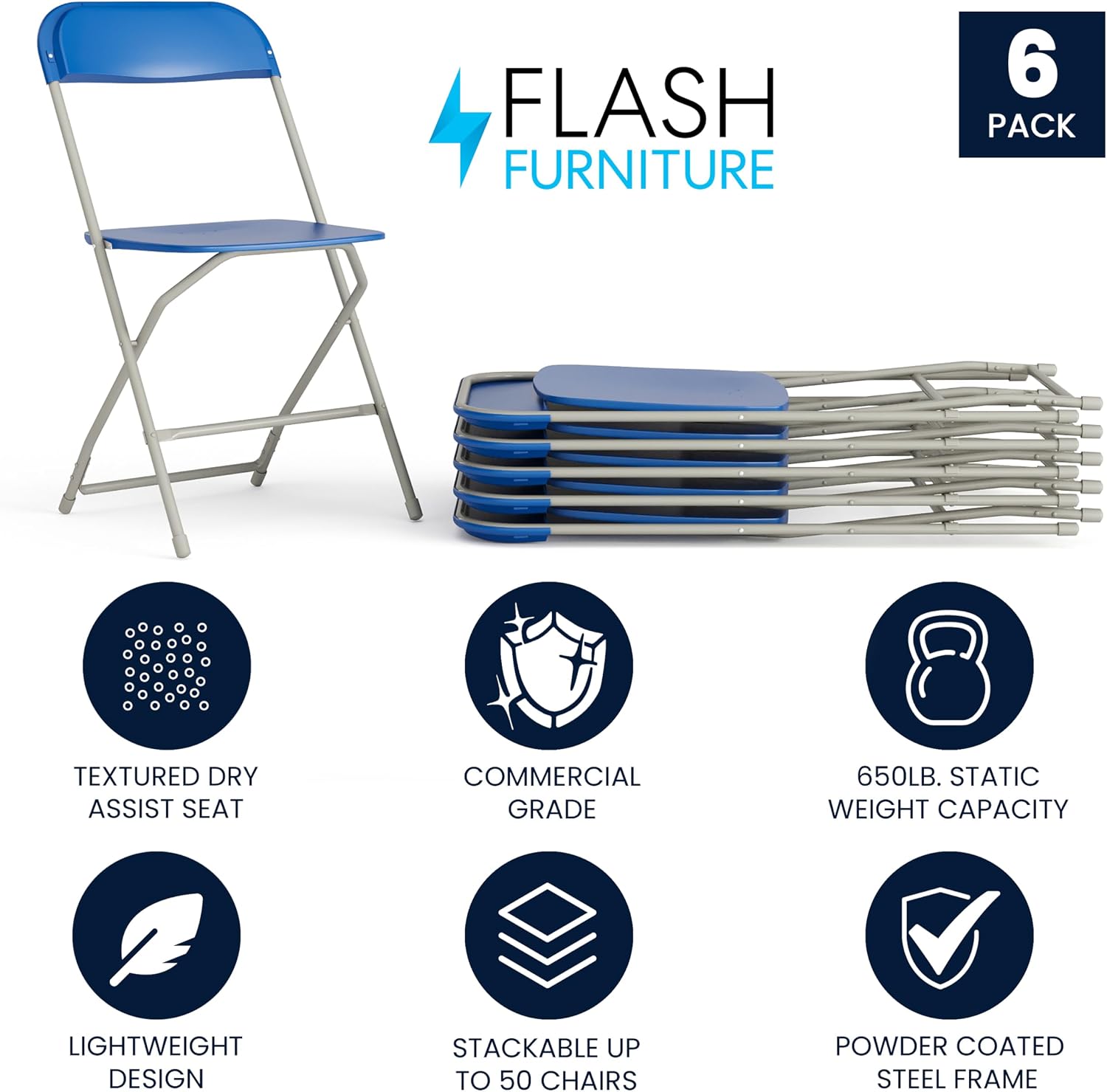 Flash Furniture Hercules Series Plastic Folding Chair - Blue - 6 Pack 650LB Weight Capacity Comfortable Event Chair-Lightweight Folding Chair