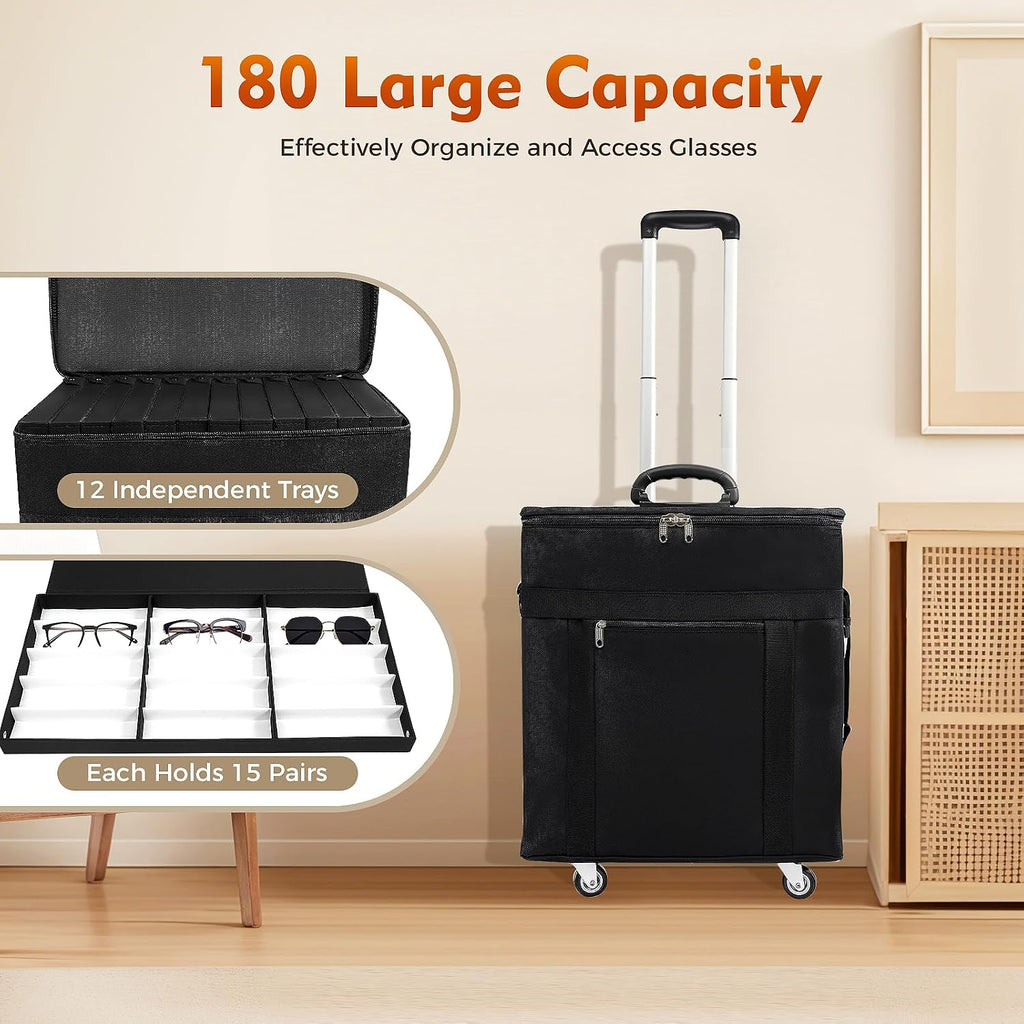 180 Pair Eyeglasses Trolley, 12 Trays Eyeglasses Collector Eyewear Display Case Optical Frame Glasses Display Case Travel Trolley Box Suitcase Black 180 Slots 18.1 * 10.6 * 22.4In
