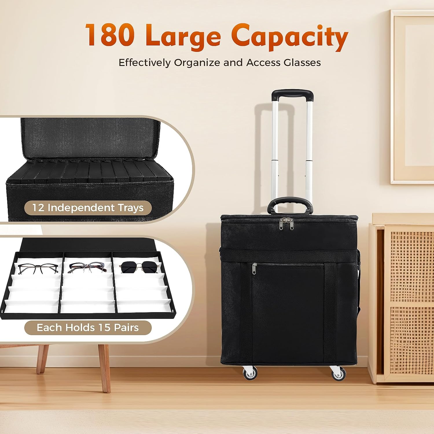 180 Pair Eyeglasses Trolley, 12 Trays Eyeglasses Collector Eyewear Display Case Optical Frame Glasses Display Case Travel Trolley Box Suitcase Black 180 Slots 18.1 * 10.6 * 22.4In