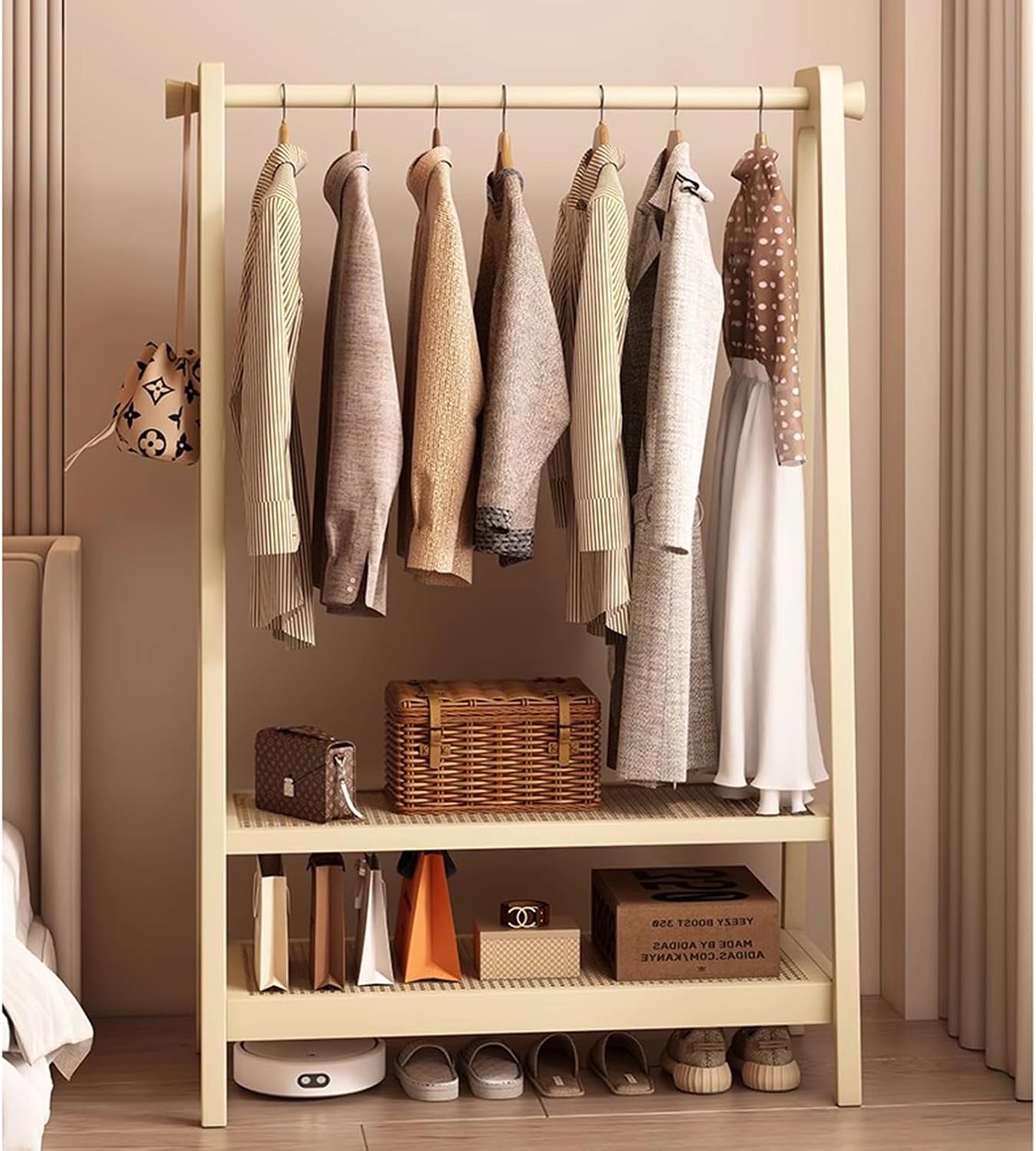 Garment Rack Bamboo Clothes Rack With 2 Shelves And Hook, Modern Clothing Rack For Hanging Clothes, Freestanding Coat Rack For Bedroom And Living Room, Easy To Assemble Clothes Organ(Size:95X36X154CM)