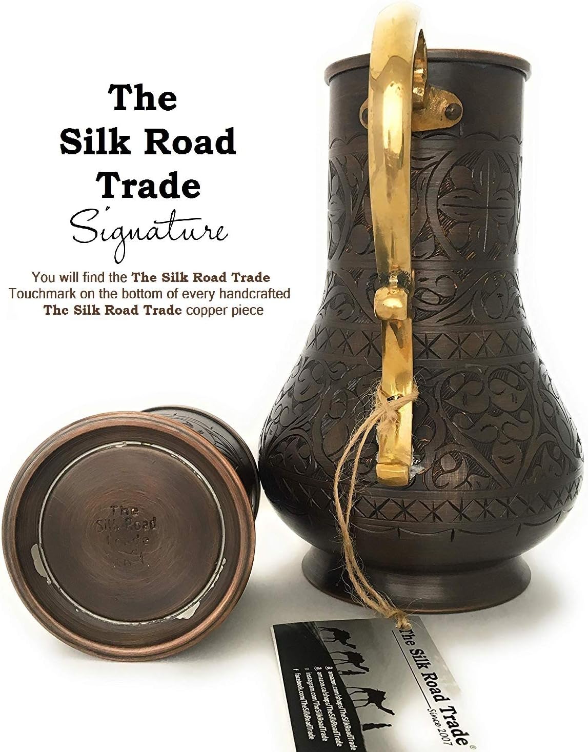 KS Series - Copper Pitcher (45 oz) and Cup (7.7 oz) Set, Moscow Mule Water Jug, Ice Tea and Juice Beverage, Desktop/Bedside Night Water Carafe, Ayurvedic Decanter (Engraved-Antique)