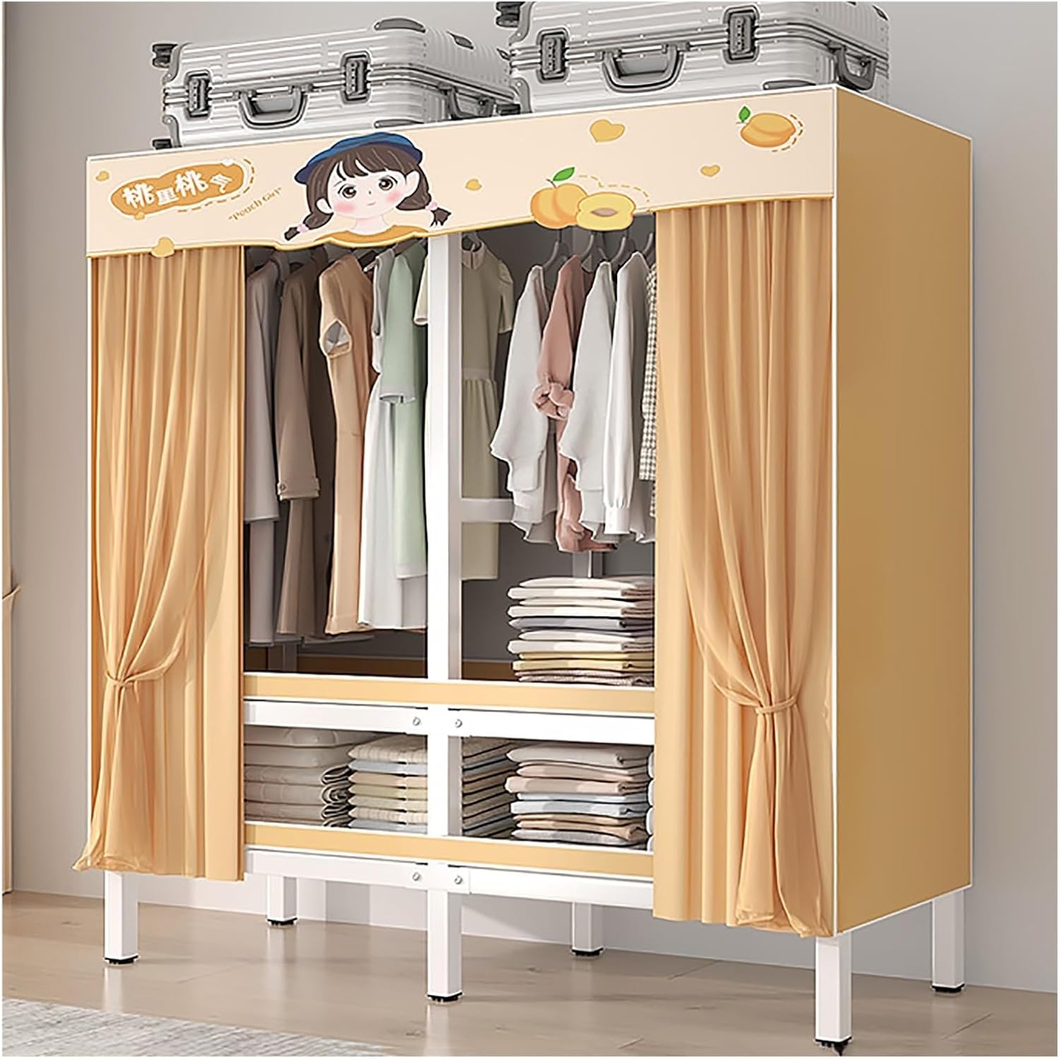 Foldable Portable Wardrobe Closet With Cover, Metal Garment Rack For Hanging Clothes, Clothing Rack, Enclosed Curtain Metal Clothing Organizer For Bedroom(Orange,180x175x52cm)