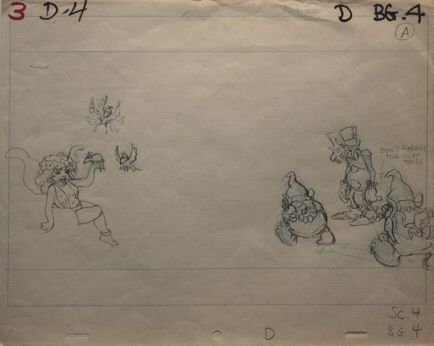 WIZARDS - 1977 ANIMATION CEL LAYOUT DRAWING of Avatar, Elinore and the President. Directed by Ralph Bakshi