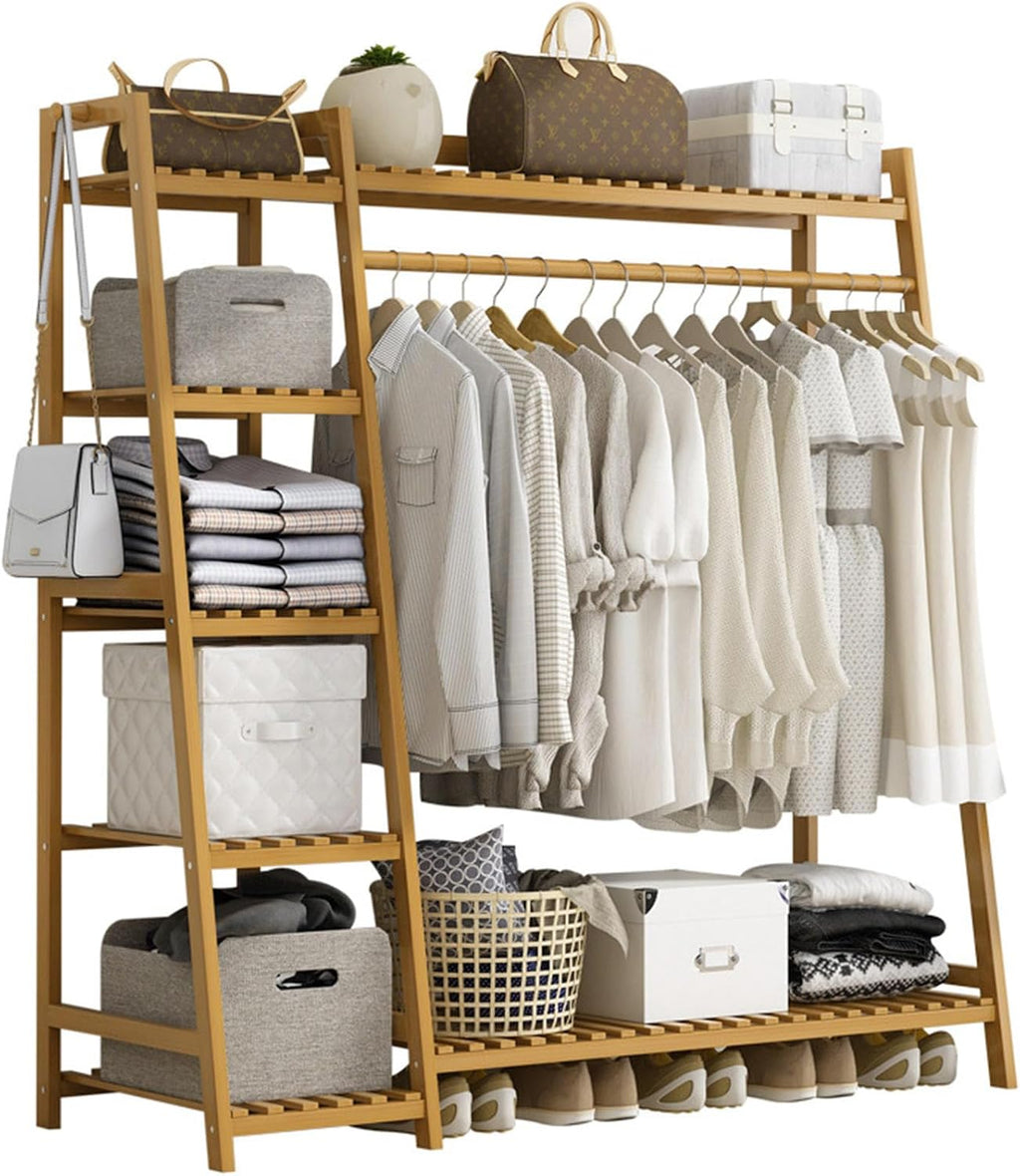 Freestanding Clothing Racks for Hanging Clothes,Bamboo Garment Rack 5 Tier Storage Shelf with Top Shelf, Closet Organizer Shoe Storage Shelves for Bedroom,A-110cm