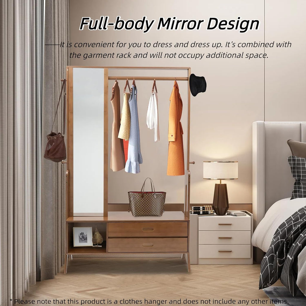 Bamboo Garment Rack Freestanding Clothing Rack with Shelves Hanging Rack with Mirror and Drawer for Bedroom Entryway, Support to 200lbs, 40.5 * 13 * 66.5inch