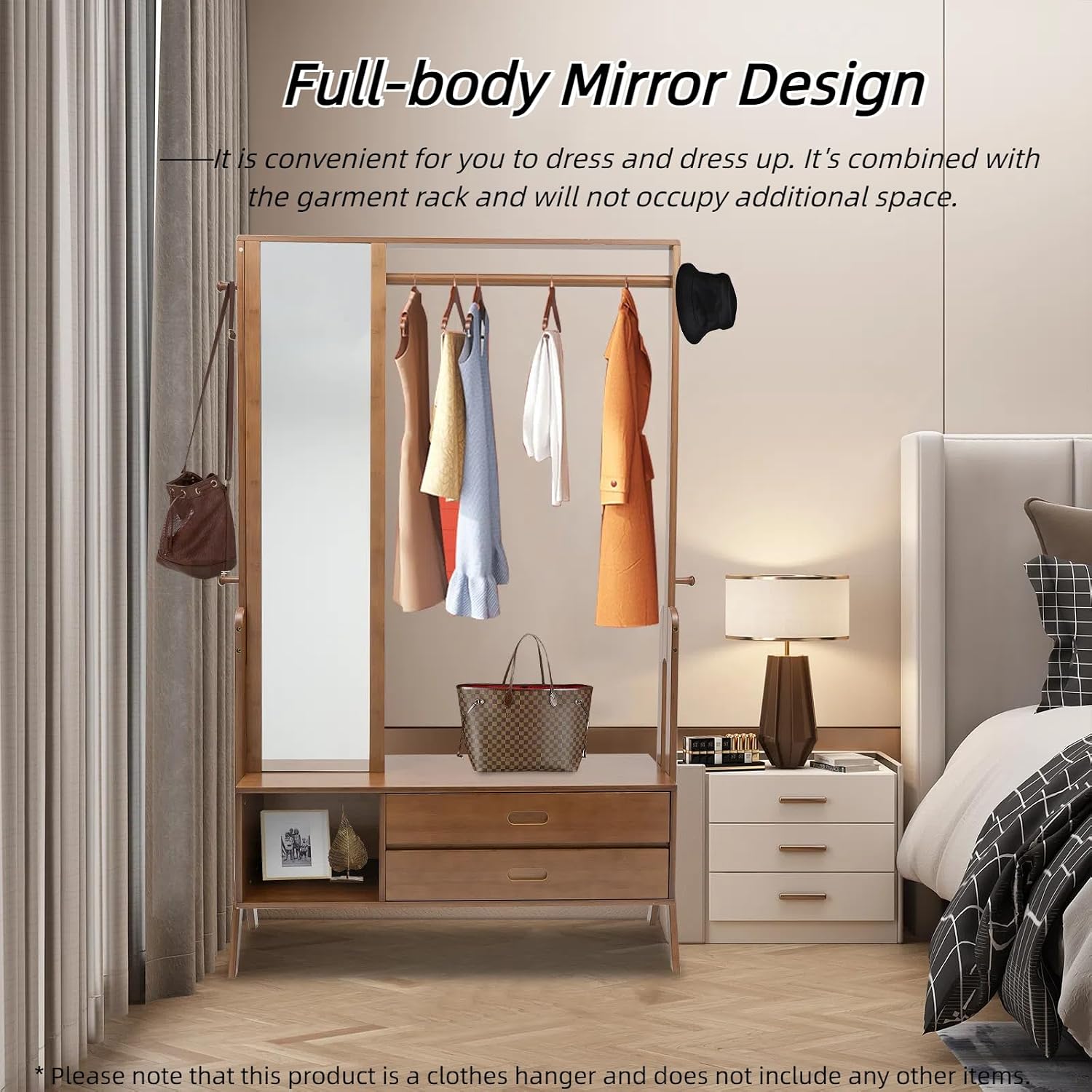 Bamboo Garment Rack Freestanding Clothing Rack with Shelves Hanging Rack with Mirror and Drawer for Bedroom Entryway, Support to 200lbs, 40.5 * 13 * 66.5inch