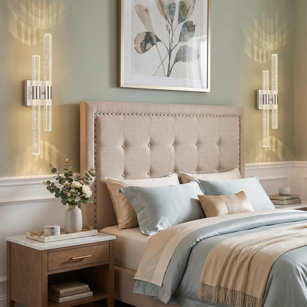 Crystal Wall Sconces Set of Two LED Wall Sconce Hardwired Brushed Nickel Bathroom Vanity Light Fixtures 21.25in 4000K Vertical and Horizontal Wall Mounted Sconces for Bedroom Living Room