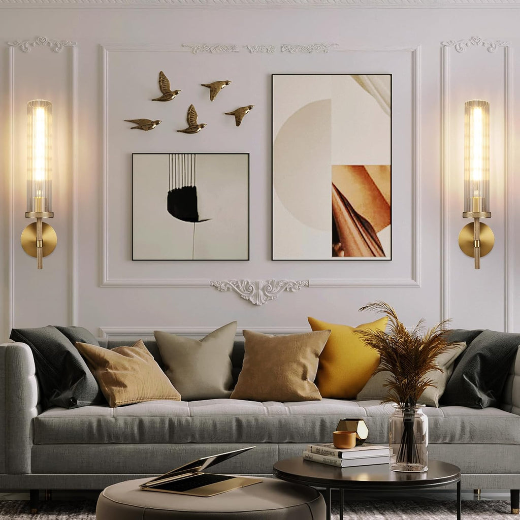 19.5' Knurled Brass Wall Sconces Set of 2, Gold Bathroom Vanity Light Fixtures with Vertical Striped Glass Tube, Modern Lamp Lighting for Bedroom, Living Room, Hallway, Staircase, Mirror, Kitchen