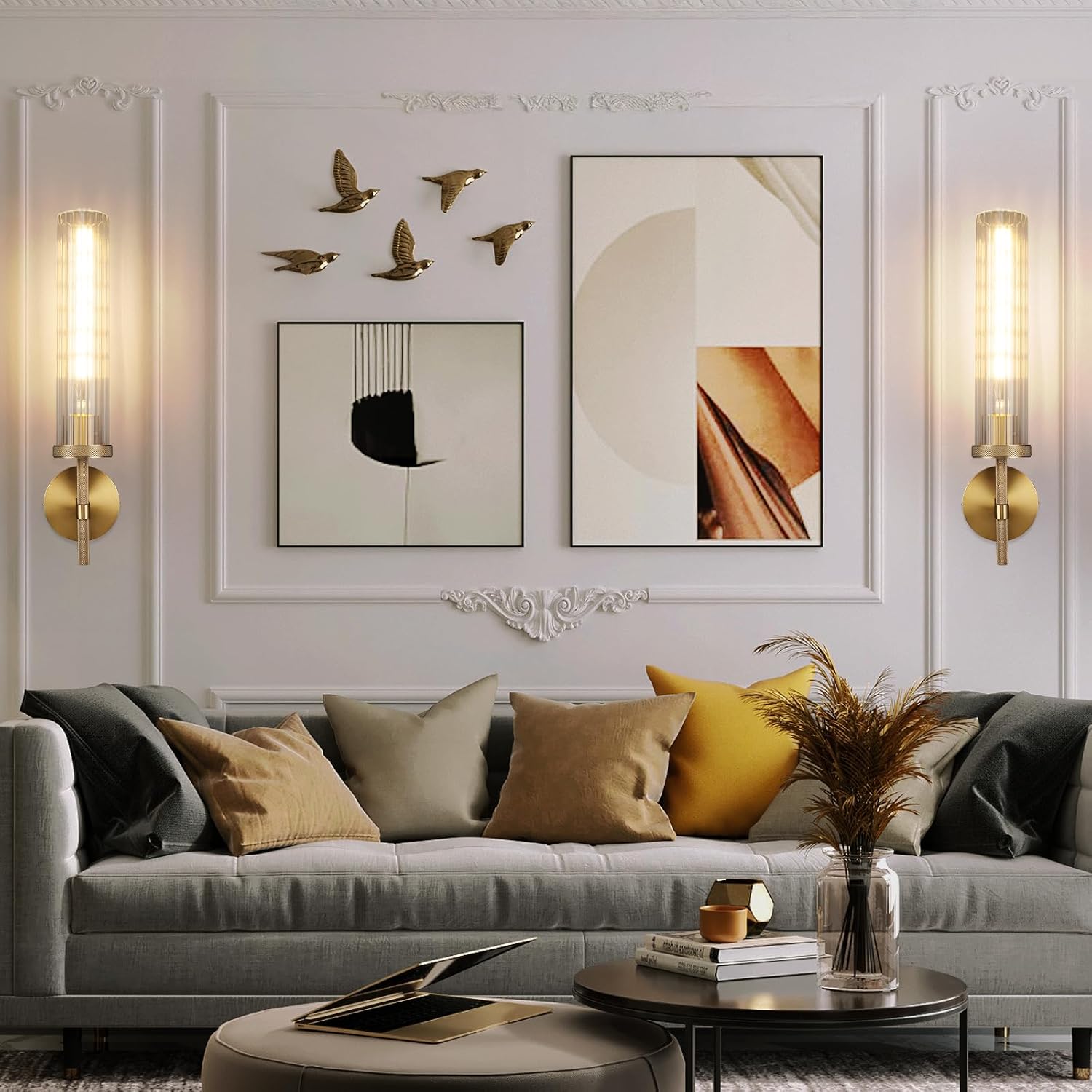 19.5' Knurled Brass Wall Sconces Set of 2, Gold Bathroom Vanity Light Fixtures with Vertical Striped Glass Tube, Modern Lamp Lighting for Bedroom, Living Room, Hallway, Staircase, Mirror, Kitchen