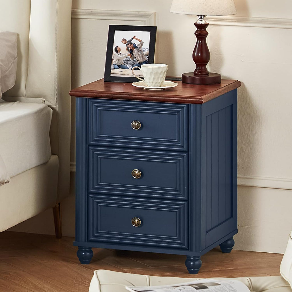 RWYHG 18' Farmhouse Nightstand with Charging Station and USB Port, Blue Night Stand with 3 Drawers, Wood Bedside End Table with Storage, Bed Side Tables for Bedroom Living Room and Closet