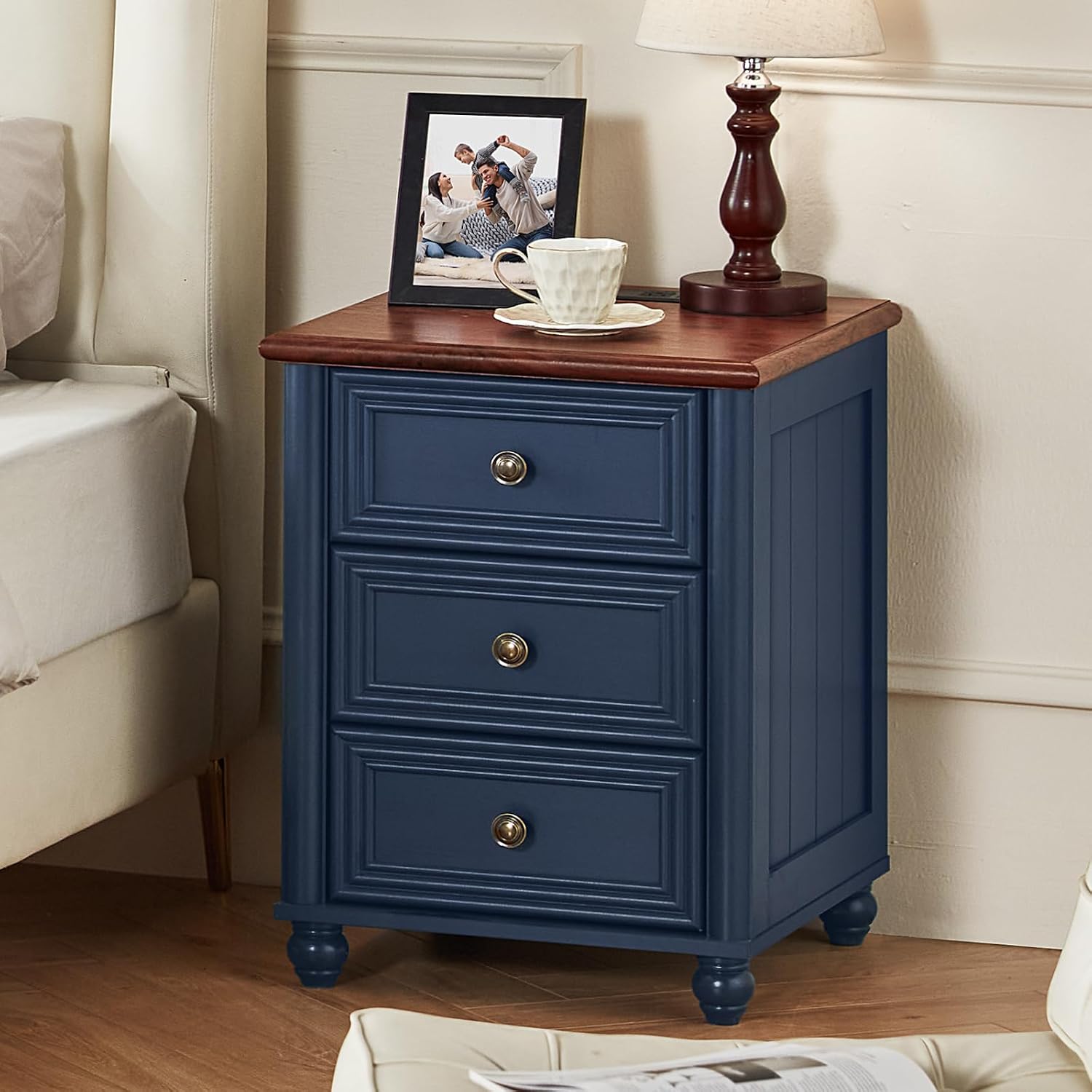 RWYHG 18' Farmhouse Nightstand with Charging Station and USB Port, Blue Night Stand with 3 Drawers, Wood Bedside End Table with Storage, Bed Side Tables for Bedroom Living Room and Closet