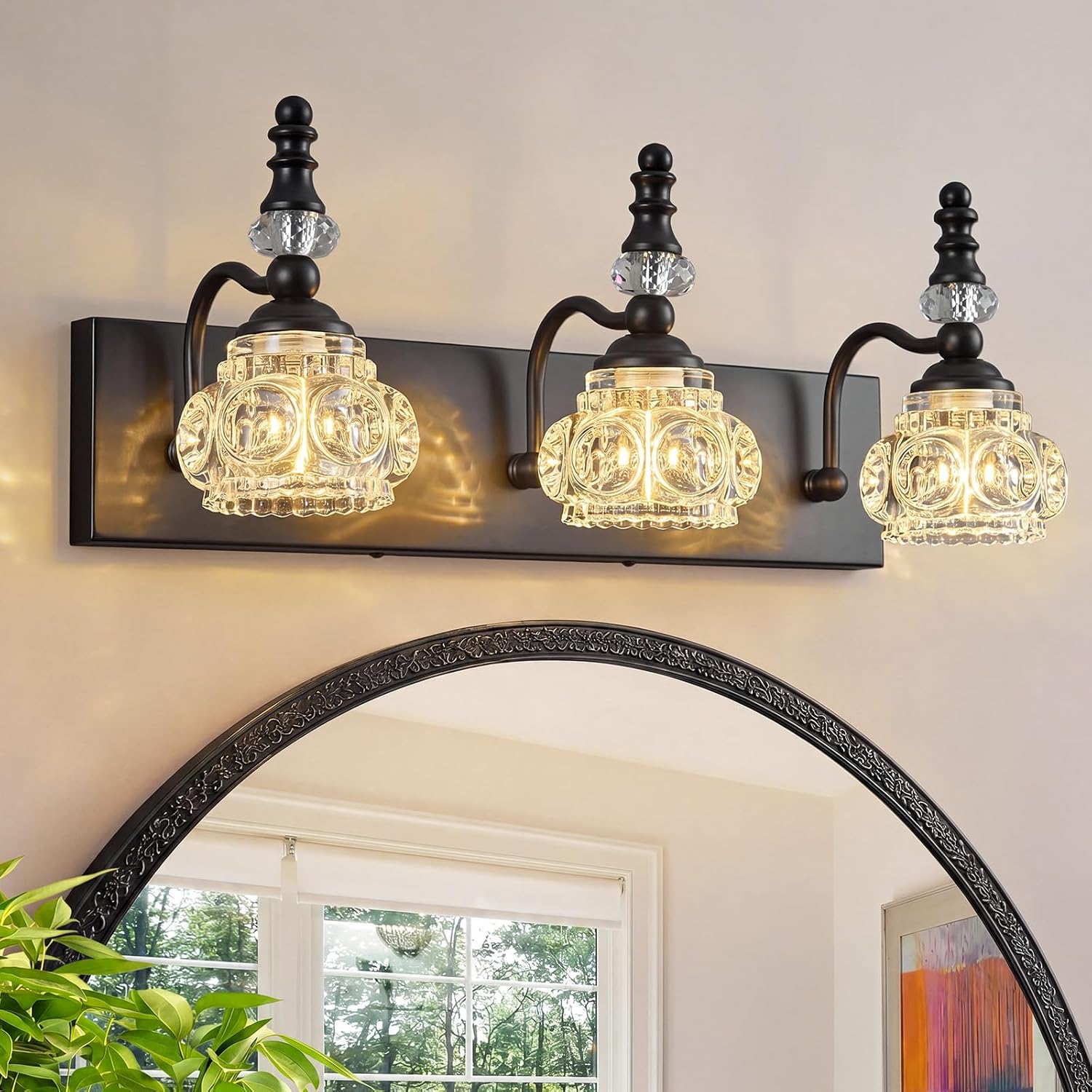 Modern Crystal Bathroom Vanity Light Black Vintage Bathroom Light Fixtures 3-Lights Glass Crystal Vanity Lights