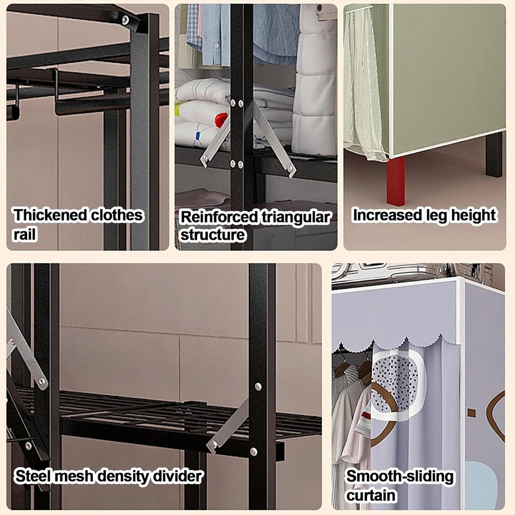 Foldable Closet Wardrobe, Heavy Duty Portable Metal Clothing Rack With Cover, Closet Organizer, Freestanding Armoire Storage Garment Racks For Hanging Clothes(A,150cm/59.1in)