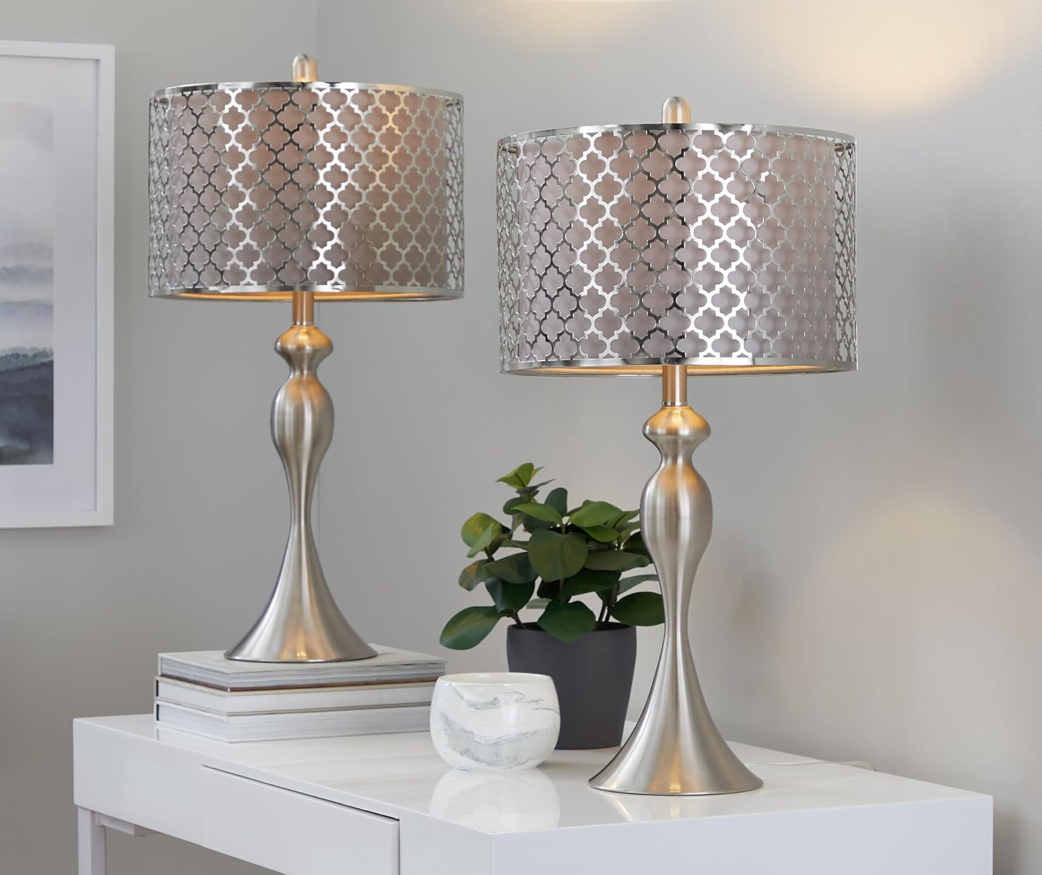 Ashland 27' Metal Table Lamps Set of 2, Desk Lamp, Bedside Lamps for Night Stands, Nightstand Lamp, Small Lamp, Small Table Lamps for Living Room Set of 2 (Brushed Nickel, Grey Linen)