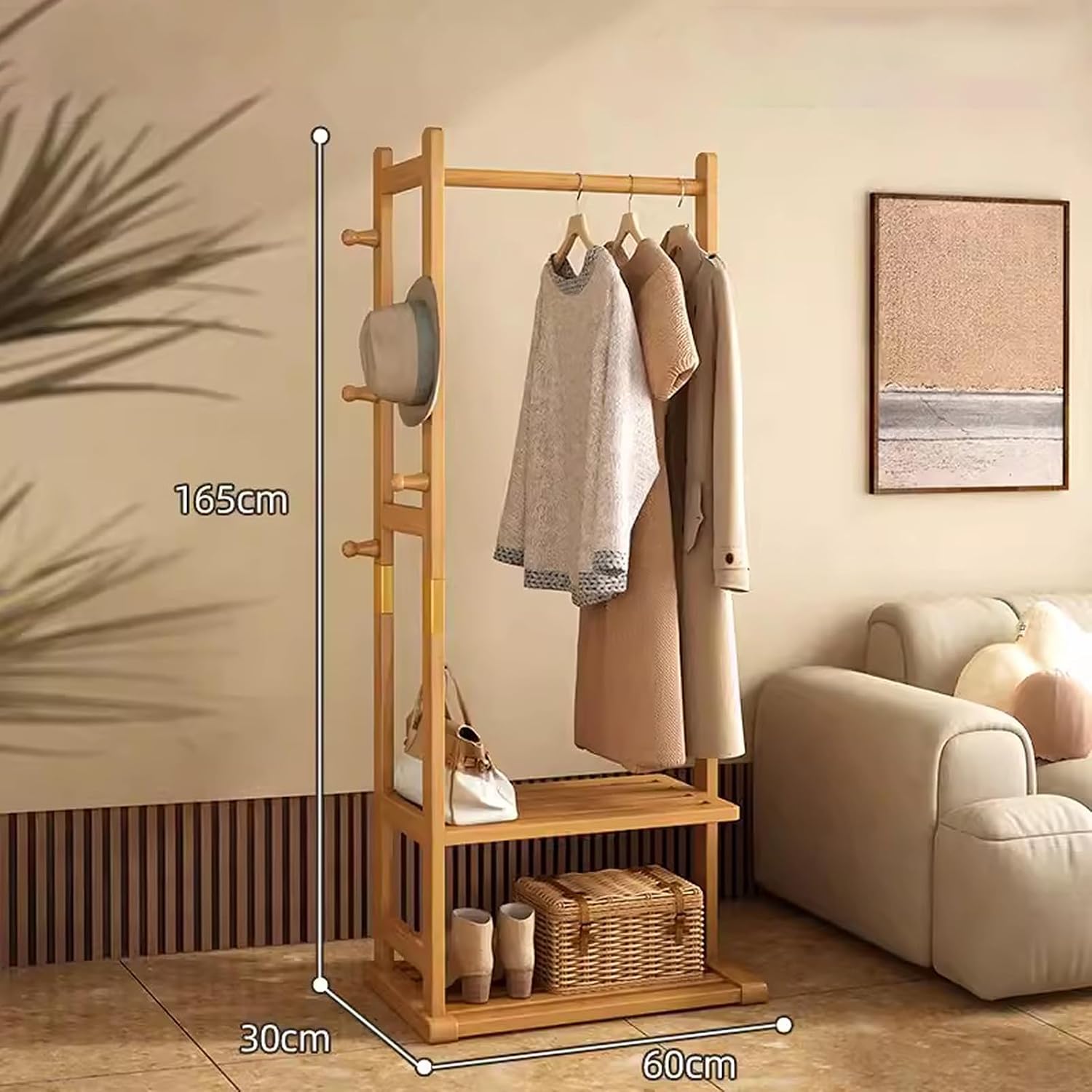 Bamboo Garment Rack Clothes Hanging Rack with Side Hooks and 2 Tiers Storage Shelves, Heavy Duty Clothes Display Rack Portable Wardrobe Closet Organizer
