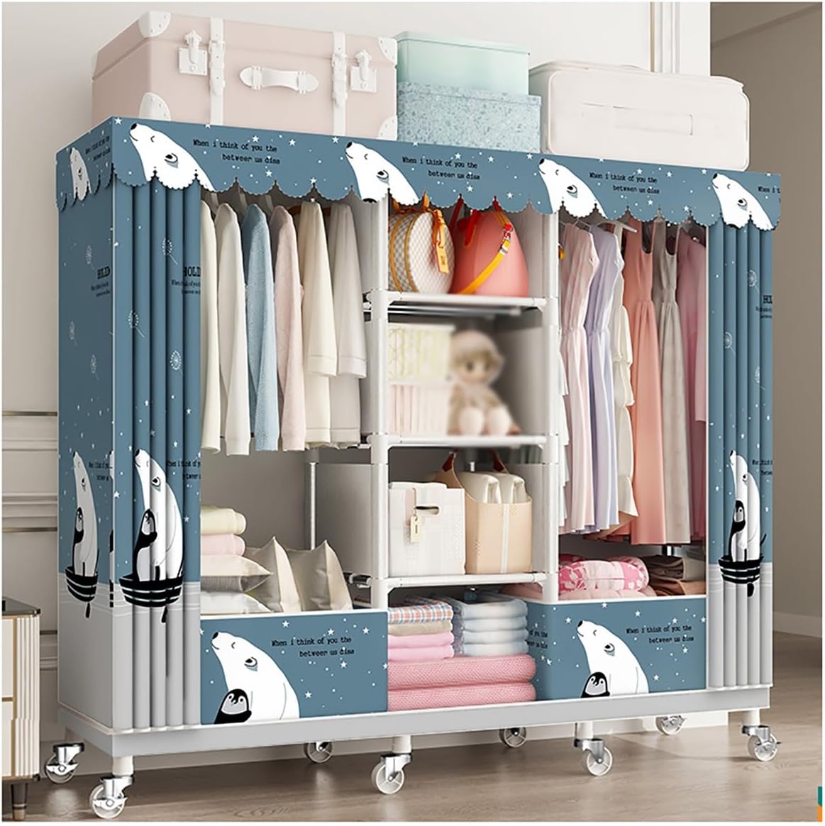 Rolling Clothes Rack with Cover for Bedroom Portable Wardrobe Closet for Hanging Clothes Freestanding Garment Rack with Wheels, Rod and Shelves(B)