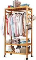 Versatile Mobile Garment Rack - Bamboo Freestanding Clothes Organizer for Hanging, Wardrobe Storage Closet with Wheel Perfect,with 4 Hooks/1 Top Rod & 3 Shelves,80 * 42 * 1668CM