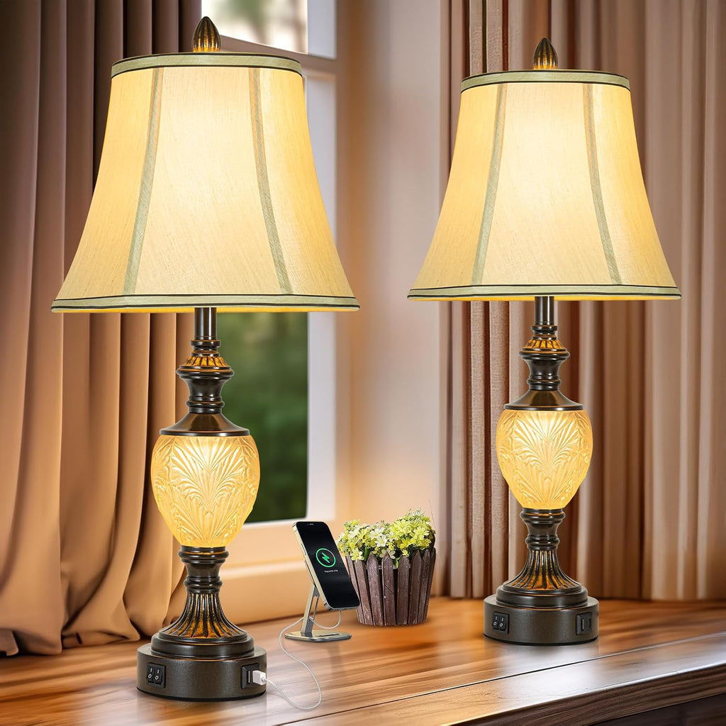 Vintage Farmhouse Lamp Set, 3-Piece Bundle, Includes 2 Table Lamps (27') and 1 Floor Lamp (64') with Faux Silk Shades, USB Charging Ports & Night Lights, for Living Room, Bedroom (Bulbs Included)