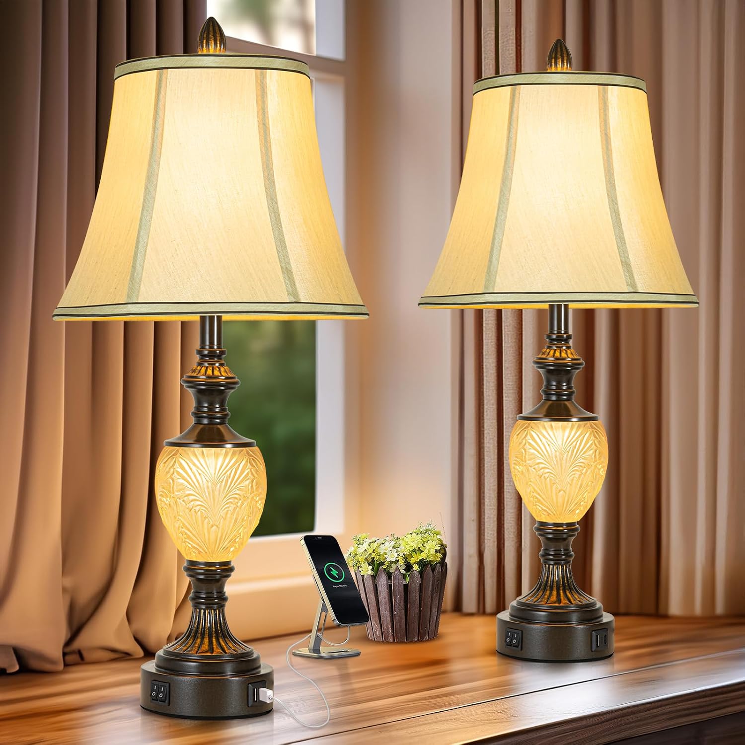 Vintage Farmhouse Lamp Set, 3-Piece Bundle, Includes 2 Table Lamps (27') and 1 Floor Lamp (64') with Faux Silk Shades, USB Charging Ports & Night Lights, for Living Room, Bedroom (Bulbs Included)