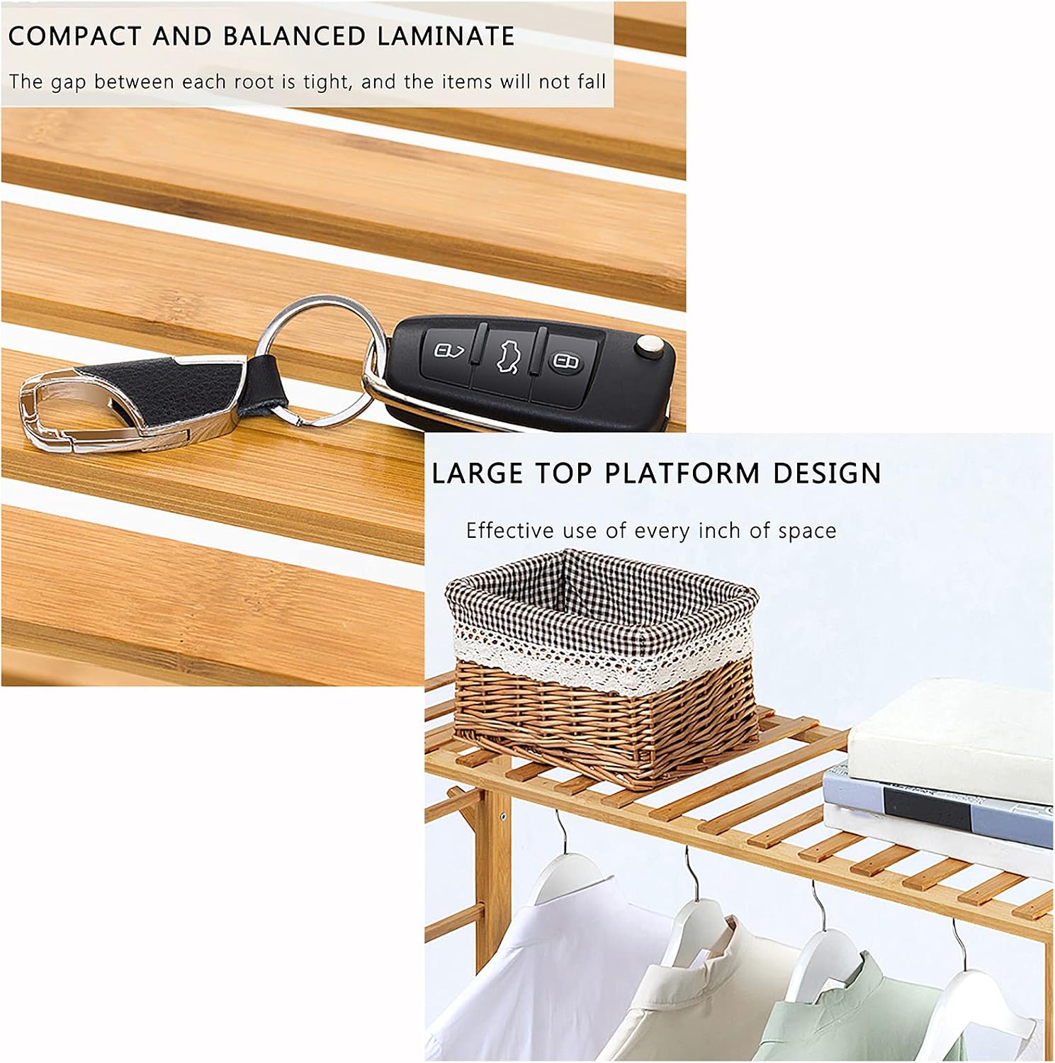 Bamboo Clothes Rack, 5-Tier Storage Shelves Clothes Hanging Rack, with Side Hooks, Multifunctional Storage Shelf Organizer