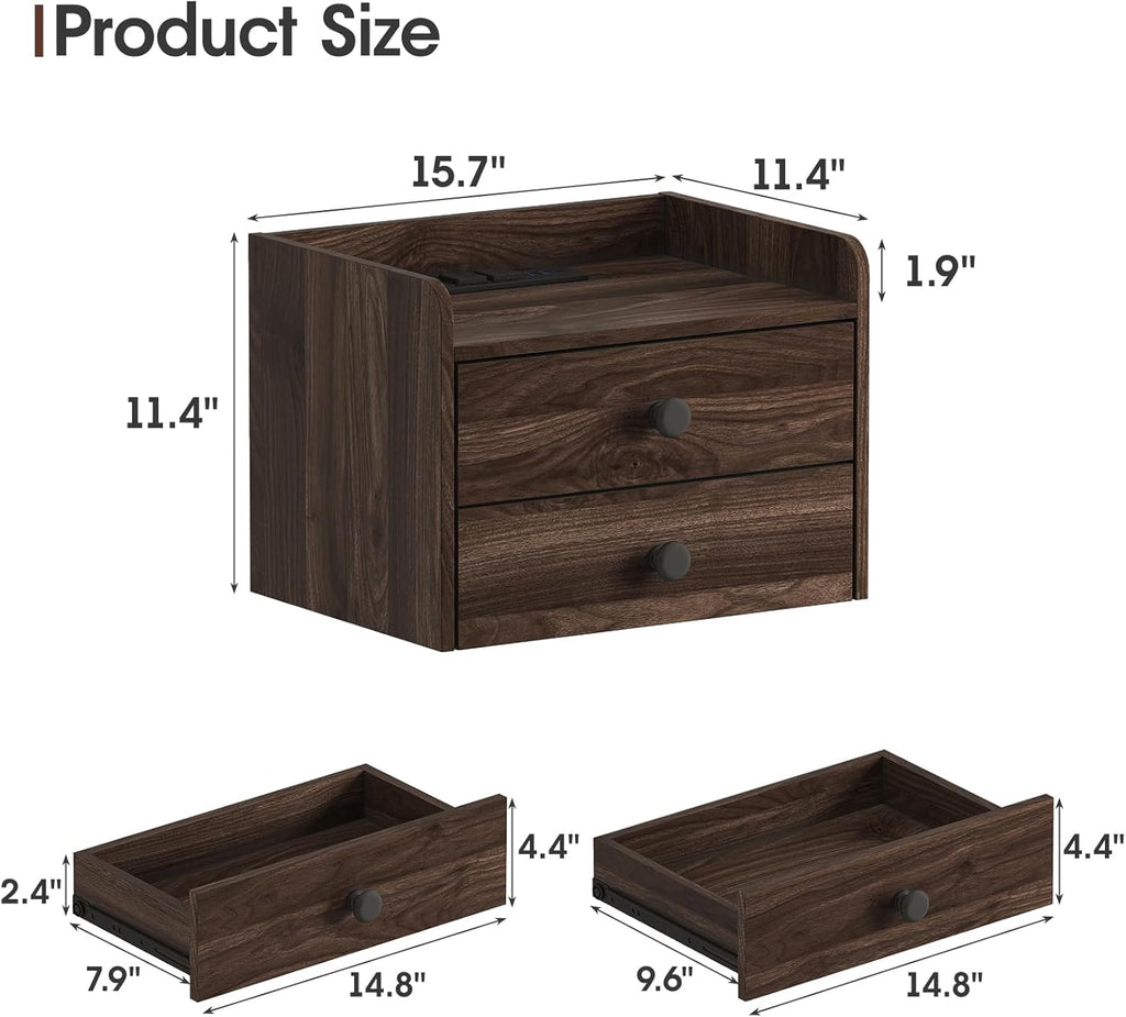 Floating Nightstand Set of 2 with 2 Storage Drawers and Charging Station Wood Wall Mounted Bedside End Table Modern Night Stands Set 2 for Bedroom,Small Space,Brown Walnut