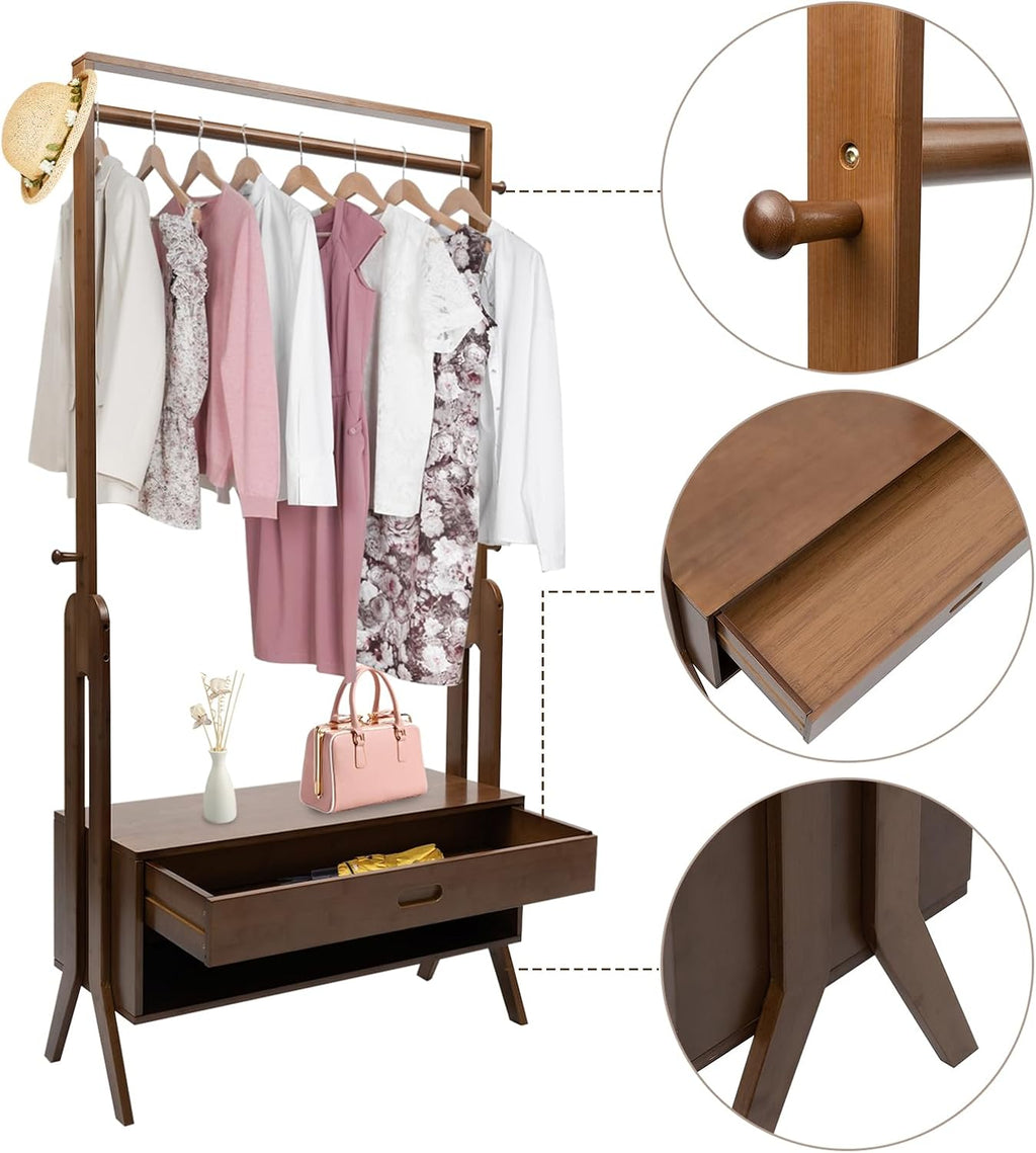 Bamboo Garment Coat Clothes Hanging Rack with Drawer Organizer Shelves, Multi-functional Clothing Storage Rack With Hooks for Bedroom, Laundry Room, Living-room