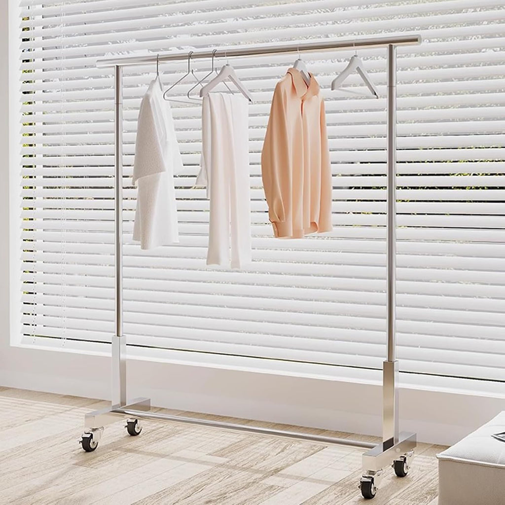 Heavy duty Garment rack Heavy Duty Clothing Rack For Hanging Clothes Silver Stainless Steel Clothes Rail On Wheels Commercial Clothing Display Rack Freestanding Coat Rack For Bedroom ( 80X40X150CM)