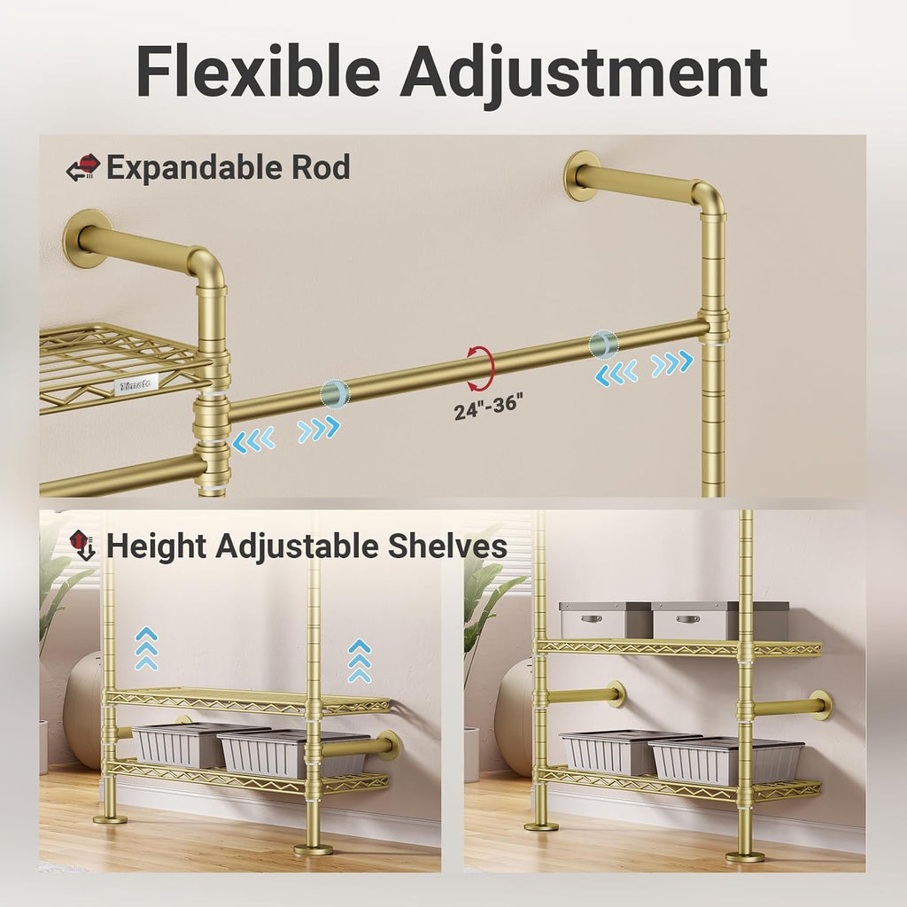 Timate L2 Wall Mounted Clothes Rack Industrial Pipe Clothing Rack for Hanging Clothes, Adjustable Expandable Garment Rack Heavy Duty Closet Organizer, Gold Mounted Closets Industrial Closet System