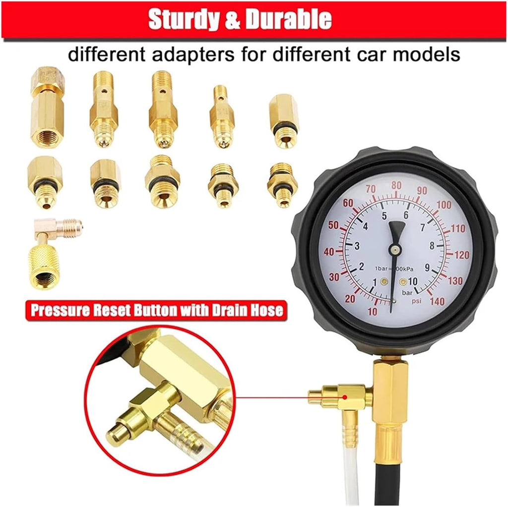 TU-114 Fuel Injector Pressure Gauge Tester Kit Compatible For Diesel Engine Compression 0-140 PSI Gas Oil Pressure Tools for Car Motorcycle