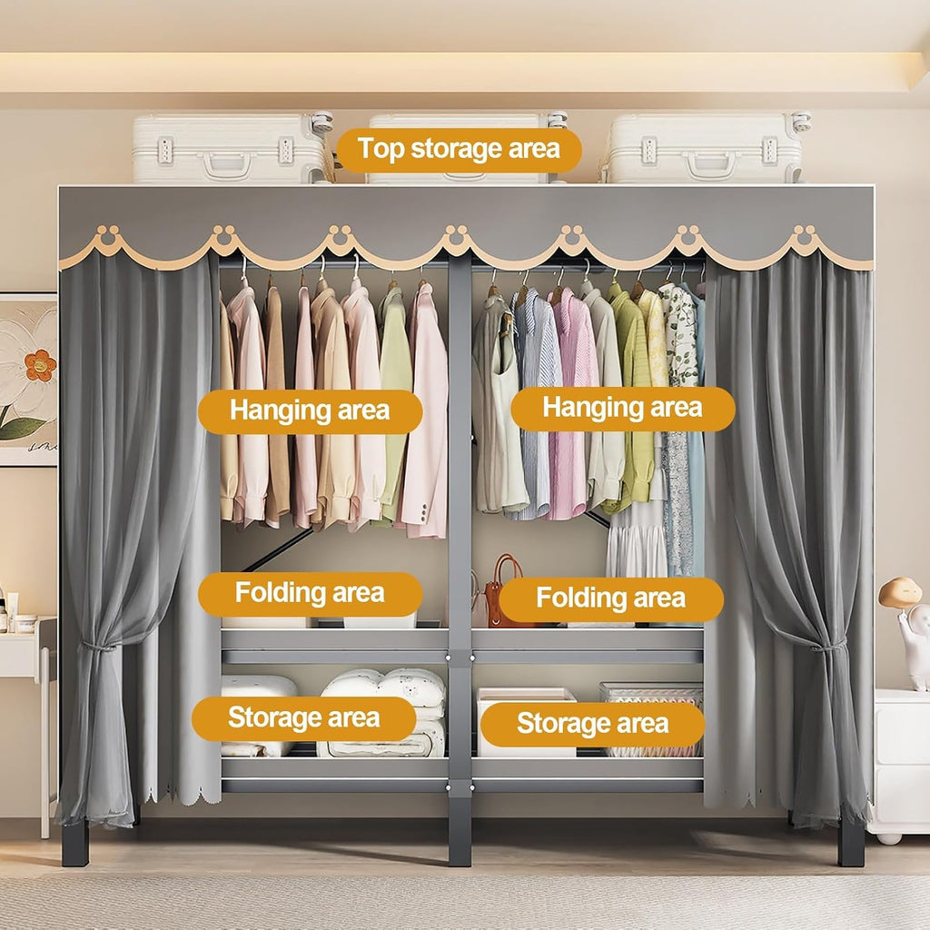 Wardrobe Closet with Cover Foldable Garment Rack for Hanging Clothes 1200lbs Portable Covered Clothing Coat Storage Organizer Armoire Enclosed Curtain(C,205cm/80.7inch)