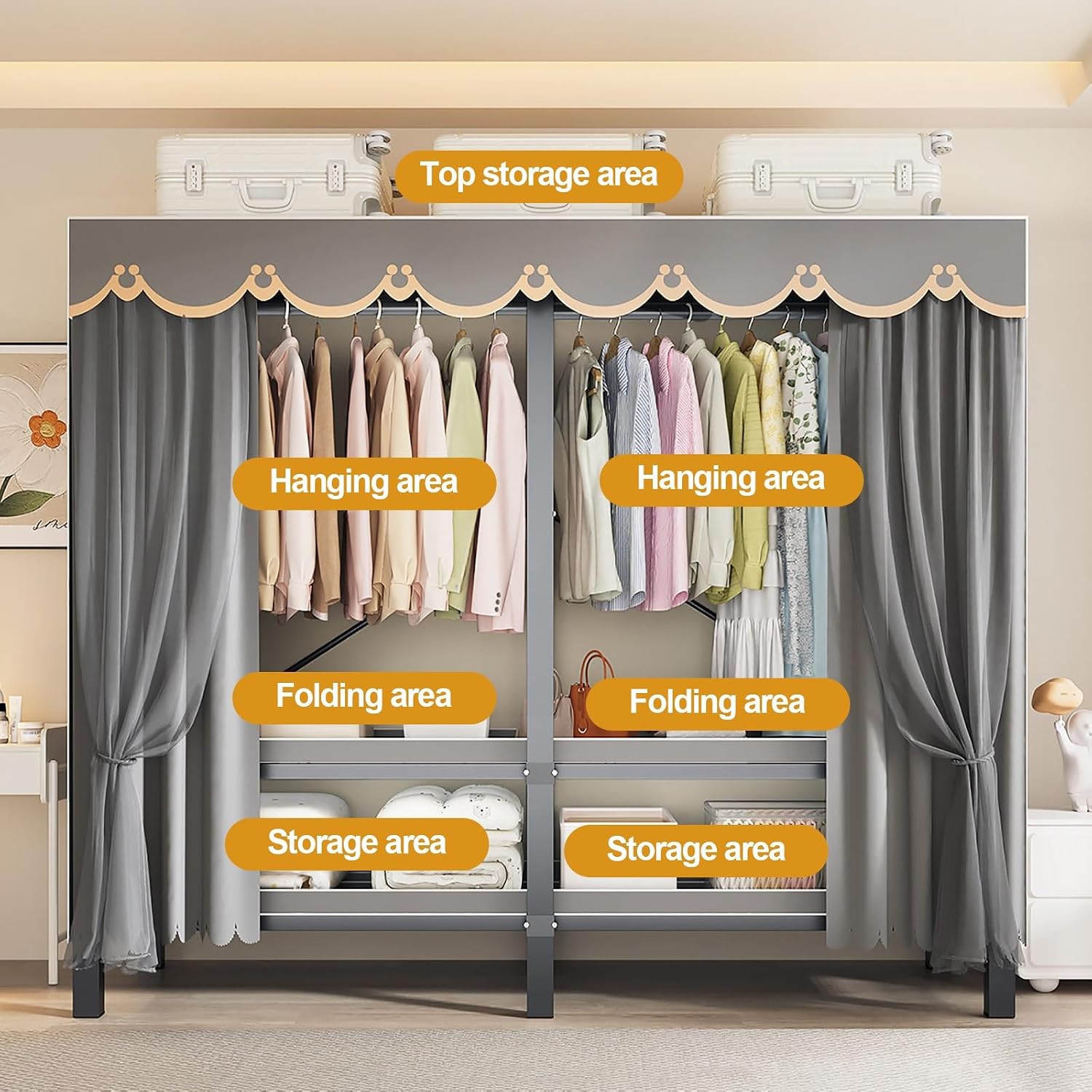 Wardrobe Closet With Cover Foldable Garment Rack For Hanging Clothes 1200lbs Portable Covered Clothing Coat Storage Organizer Armoire Enclosed Curtain(C,152cm/59.8inch)