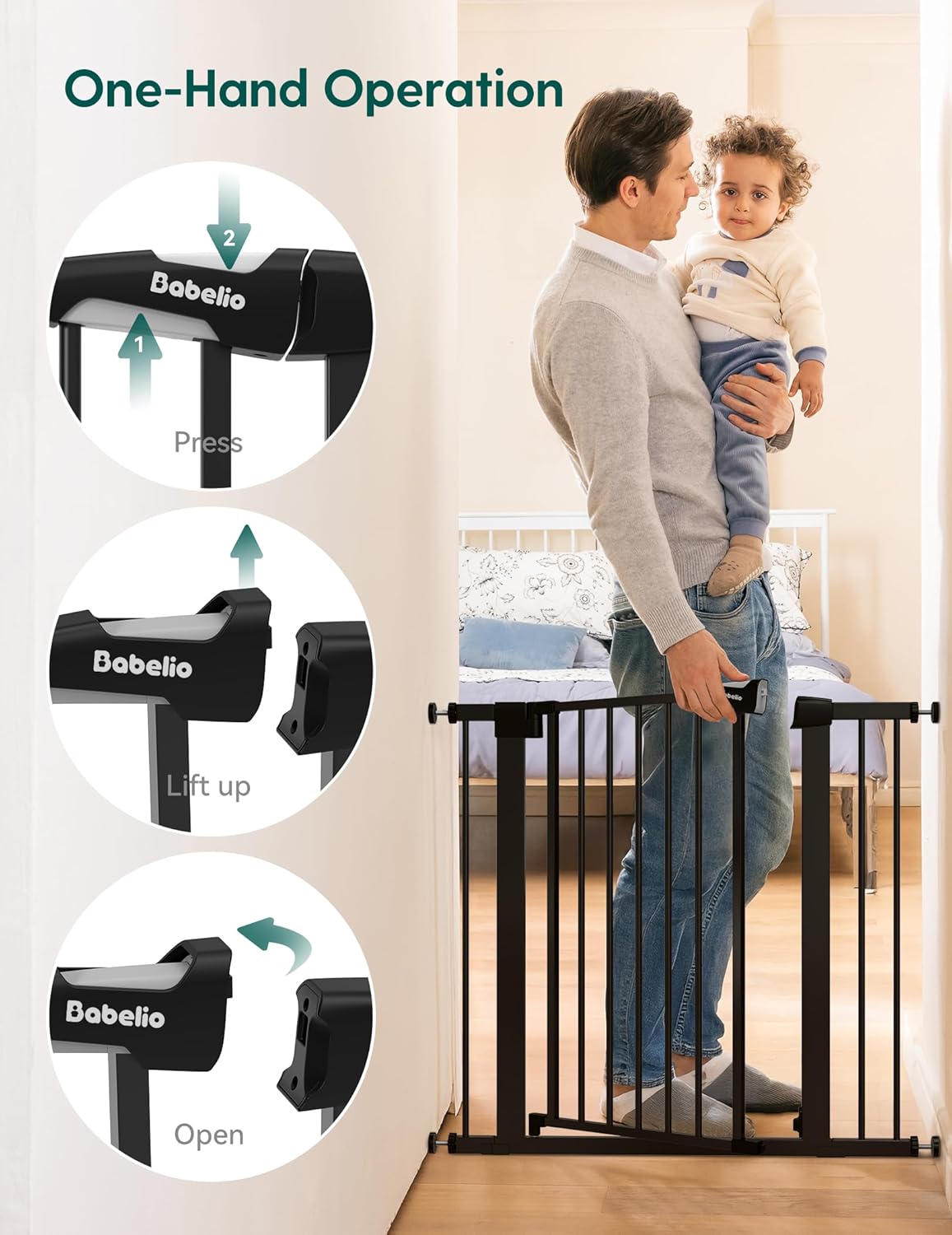 Babelio 36' Tall Baby Gate, PressGuard P7, 29-55' Auto Close Pressure Mounted Dog Gate for Doorways & Hallway, Basics Easy Walk Thru Pet Gate, Extra Wide Metal Child Gate, Black